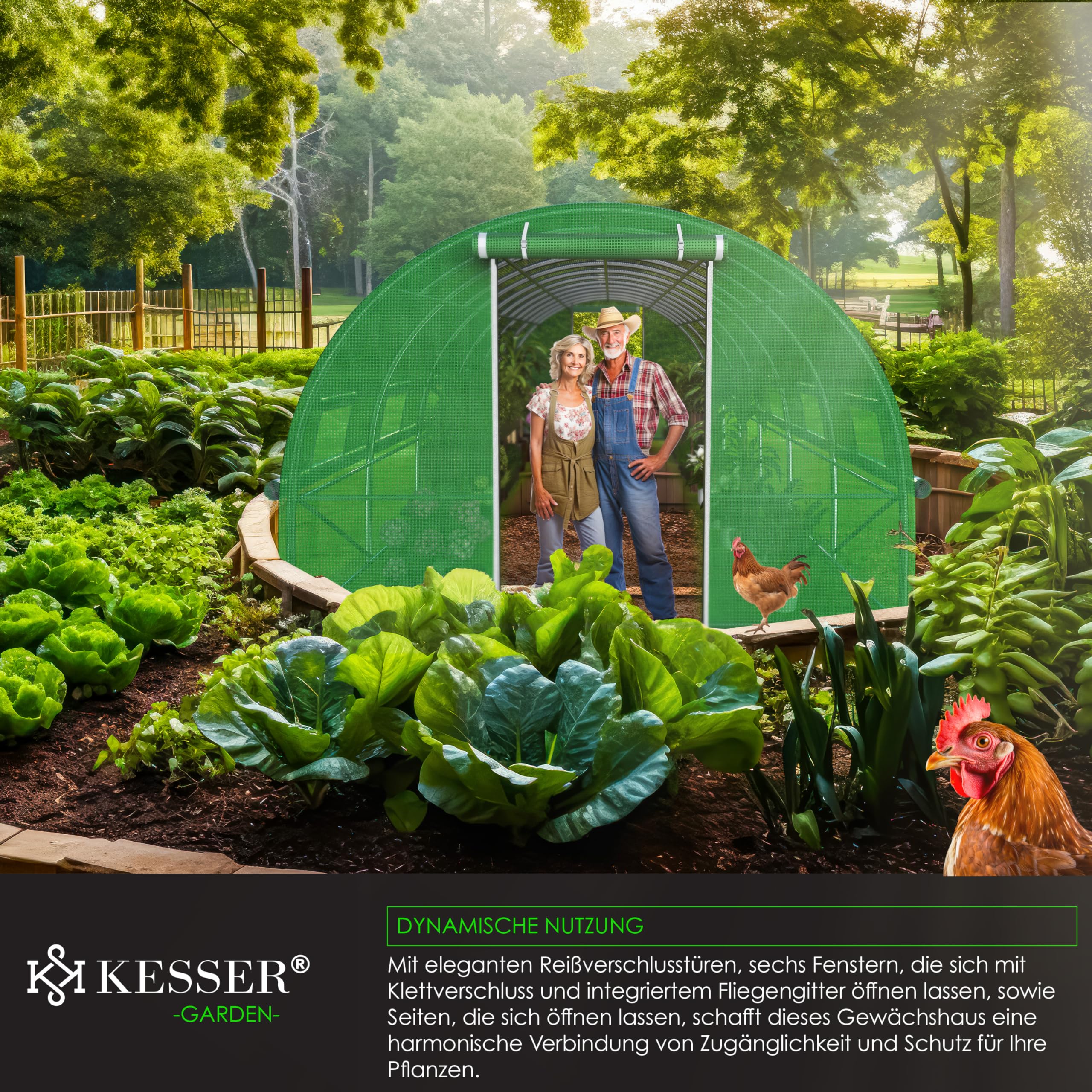 KESSER® Serra stabile con 12 finestre con zanzariera e porta, tunnel da giardino con telaio in acciaio zincato, 170 g/m², con guanti e corde, 600 x 300 cm, verde