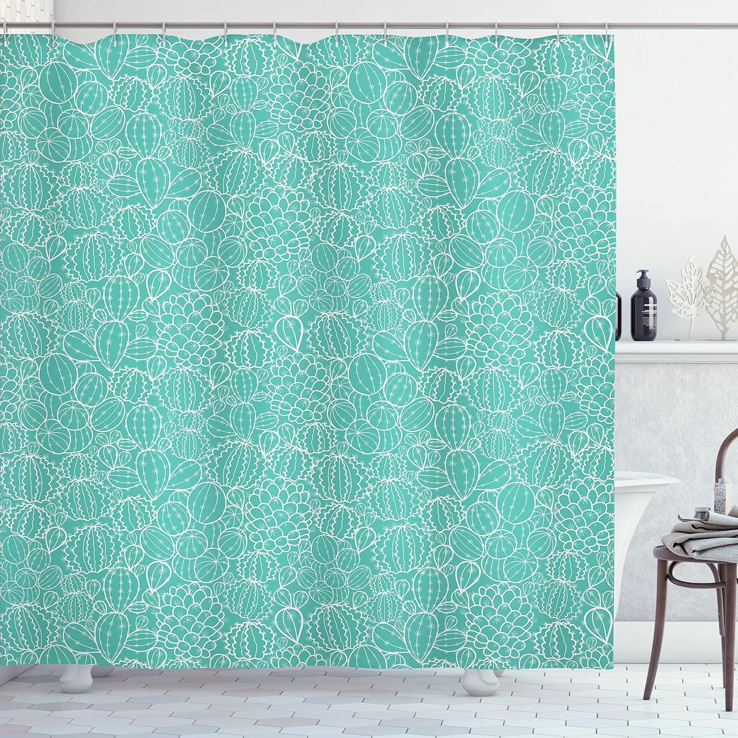 Ambesonne Nature Shower Curtain, Hand Drawn Sketchy Mexican Cactus Fruit with Spikes with Turquoise Backdrop, Cloth Fabric Bathroom Decor Set with Hooks, 69" W x 70" L, Green Turquoise