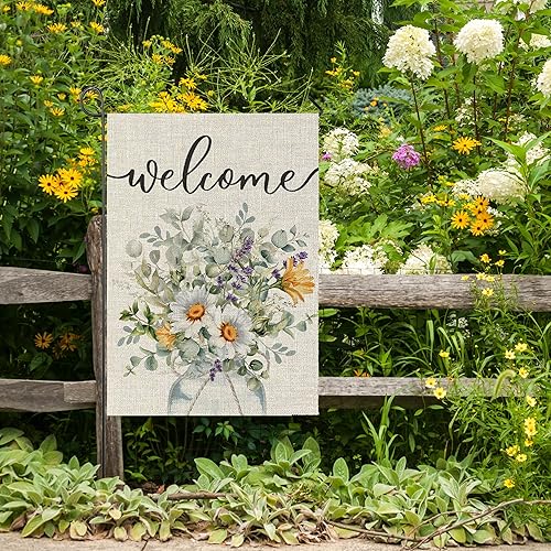 Miniatura 7 de Banderas de jardín de flores de bienvenida para exteriores, decoración de jardín de margaritas en acuarela de primavera, decoración pequeña de