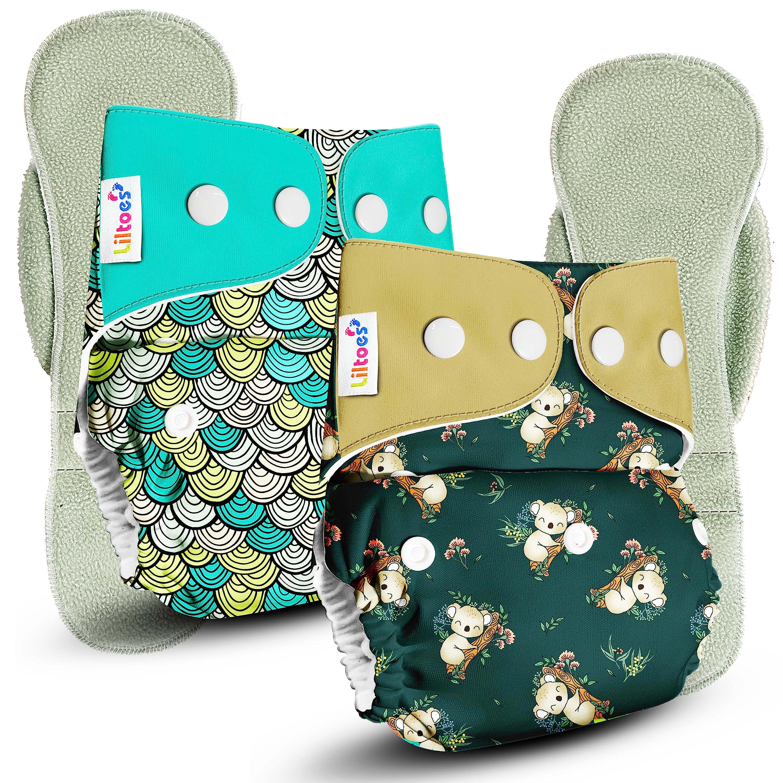 LILTOES Cloth Diapers For New Born Babies 0 to 3 Years | Freesize Adjustable and Reusable | Premium Cloth Nappies Pack of 2 (2 Cloth Diapers + 2 Inserts) | Dozing Koala + Maze Green-image-22