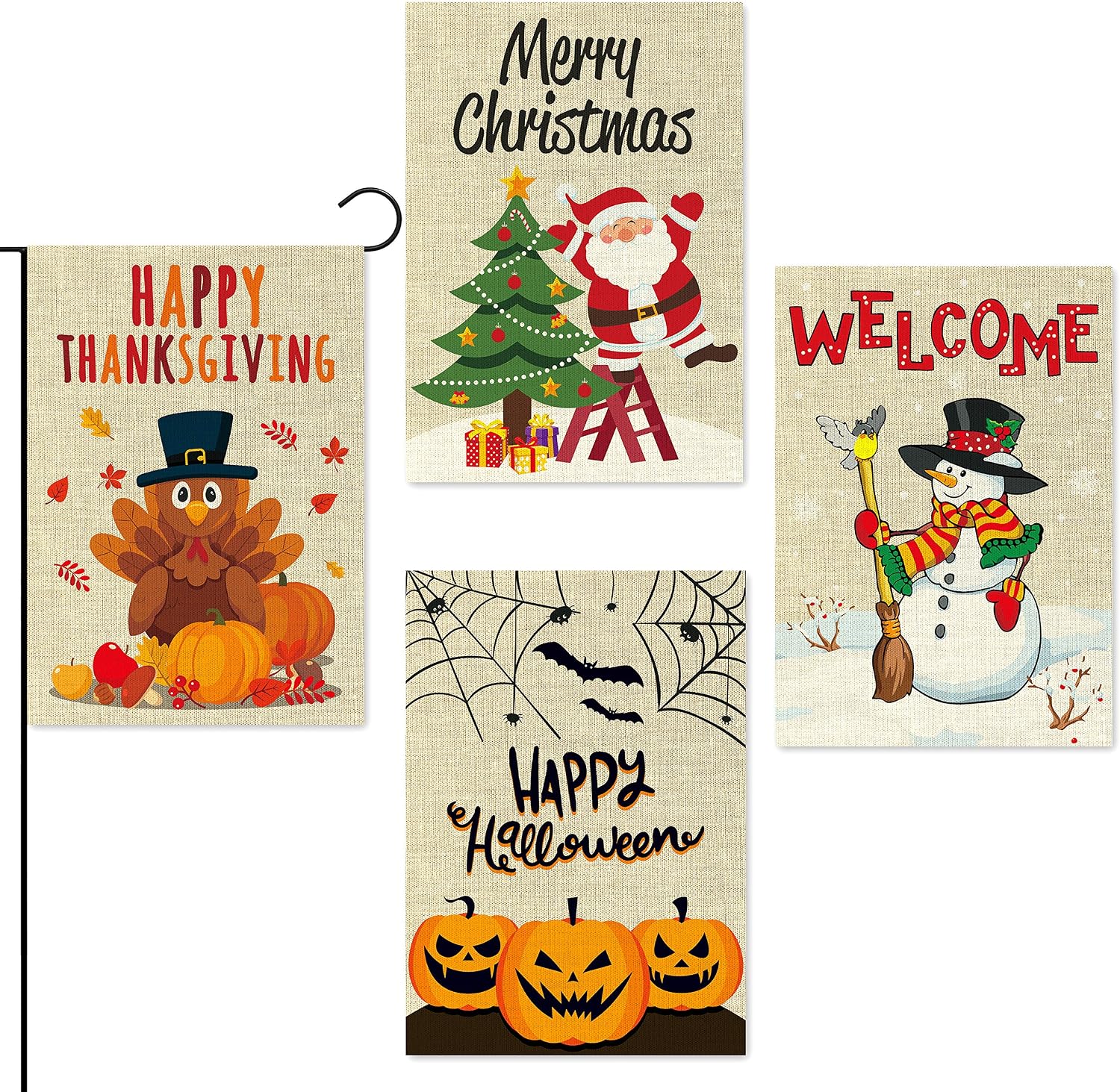 WATINC 4Pcs Garden Flags Happy Halloween Thanksgiving Welcome Winter Merry Christmas Holiday Decorations Pumpkins Turkey Santa Snowman Double Sided Burlap House Flags for Home 12.4 x 18.3 Inch
