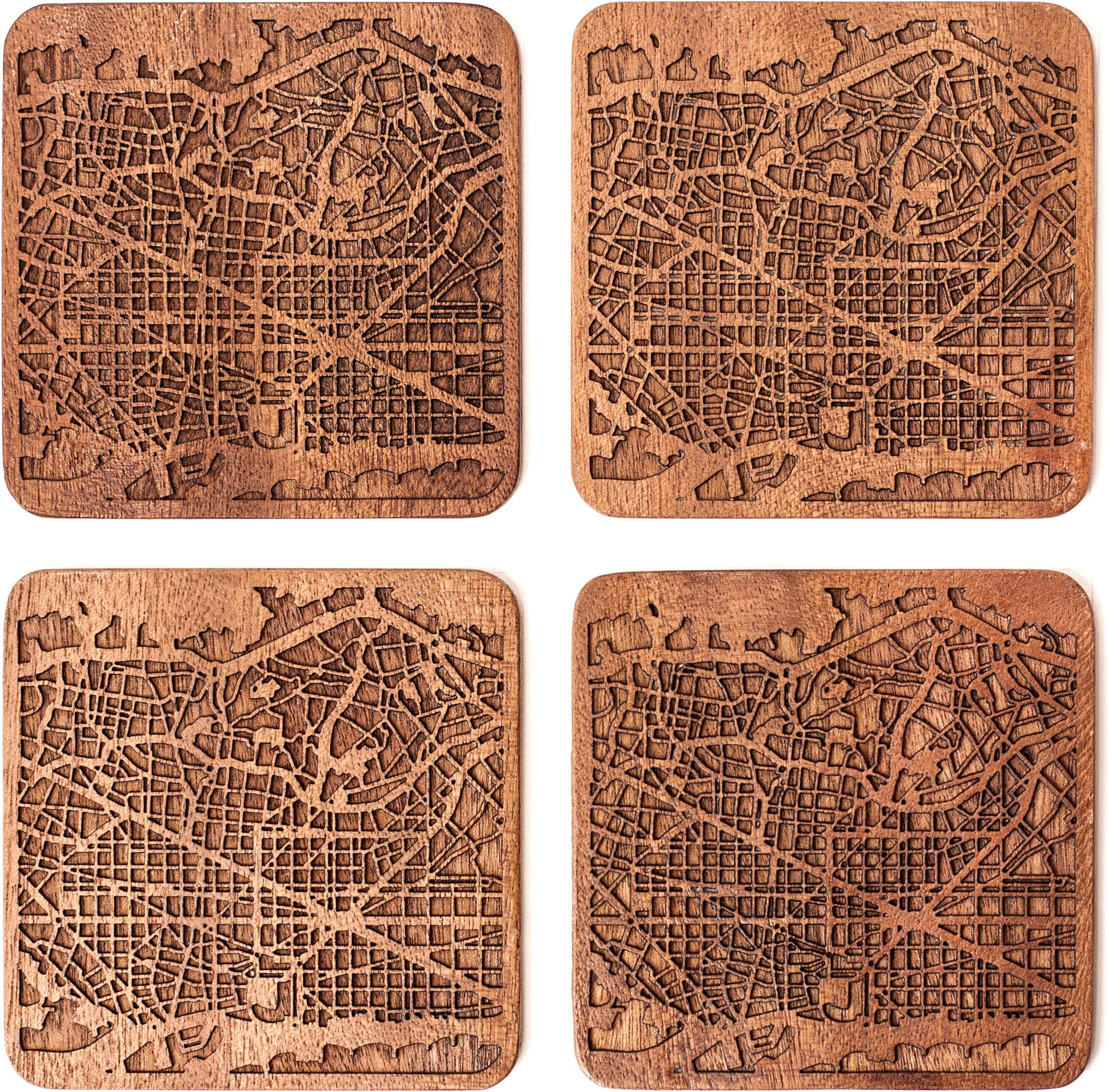 Barcelona Map Coaster, Set of 4, Sapele Wooden Coaster with City Map, Handmade