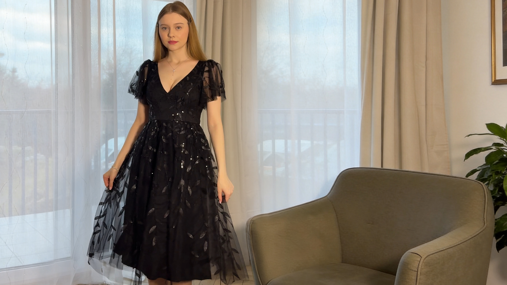 Ever-Pretty Women's V Neck A Line Cocktail Dresses Embroidery Short Sleeves Midi Sequin Formal Wedding Guest Dress Black US4 : Clothing, Shoes & Jewelry