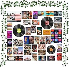 CY2SIDE 48PCS Retro Room Decor Wall Collage Aesthetic with Fake Vines, Retro Records Picture for Wall Collage, Retro Room Decor for Girls, Wall Art Prints with Fake Vine for Bedroom, Retro Records Wall Picture Decor for Teens, Colorful Collage Kit
