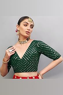 Pujia Mills Womens Fancy Readymade Ethnic wear Half Sleeve Sequins Saree Blouse sabyasachi Blouse for Women Saree and Lehenga Choli Bridal Blouse