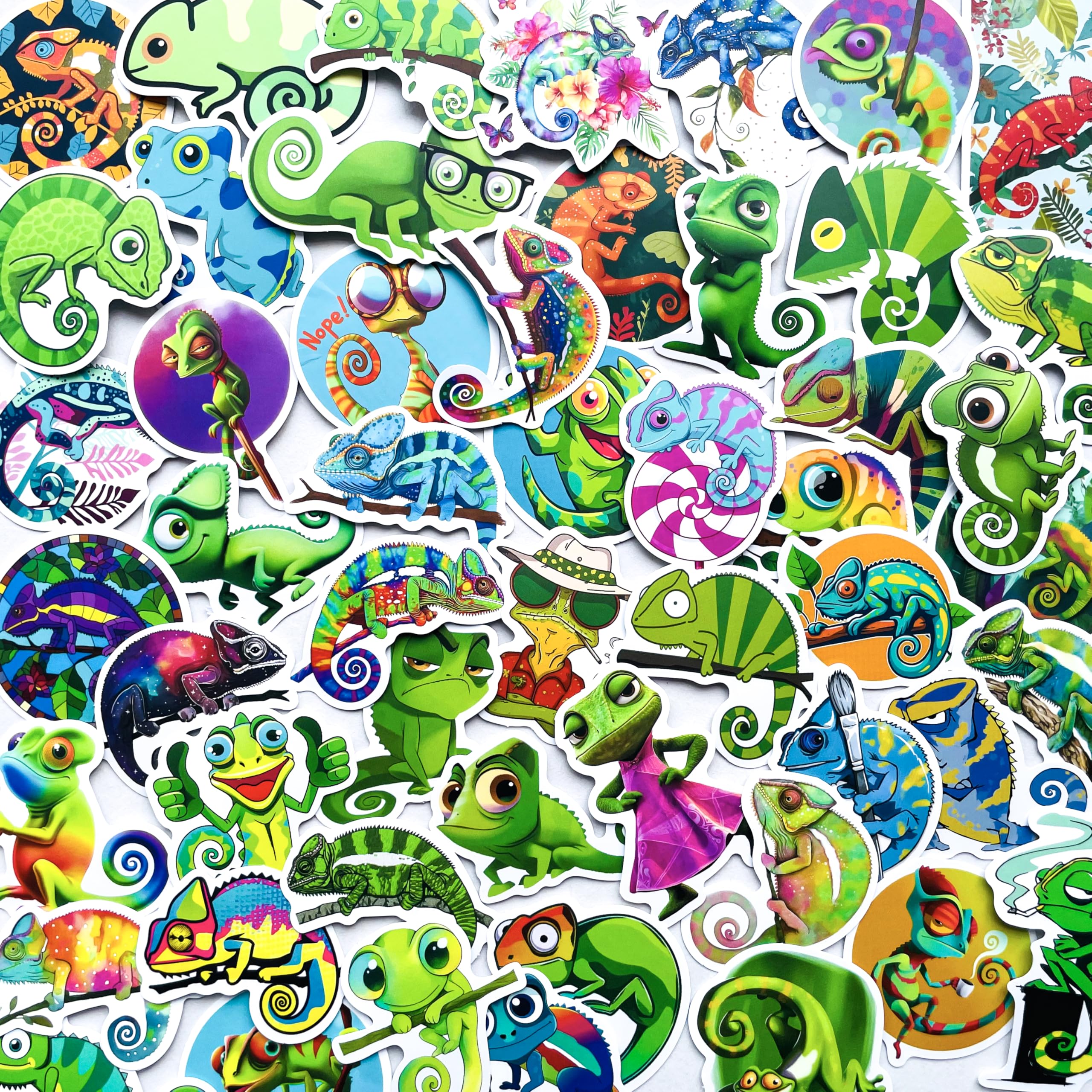 PIGBIT 52Pcs Green Chameleon Lizard Stickers - Waterproof Vinyl Reptile Decals for Laptops, Water Bottles, Scrapbooking,Animal Nature Lovers