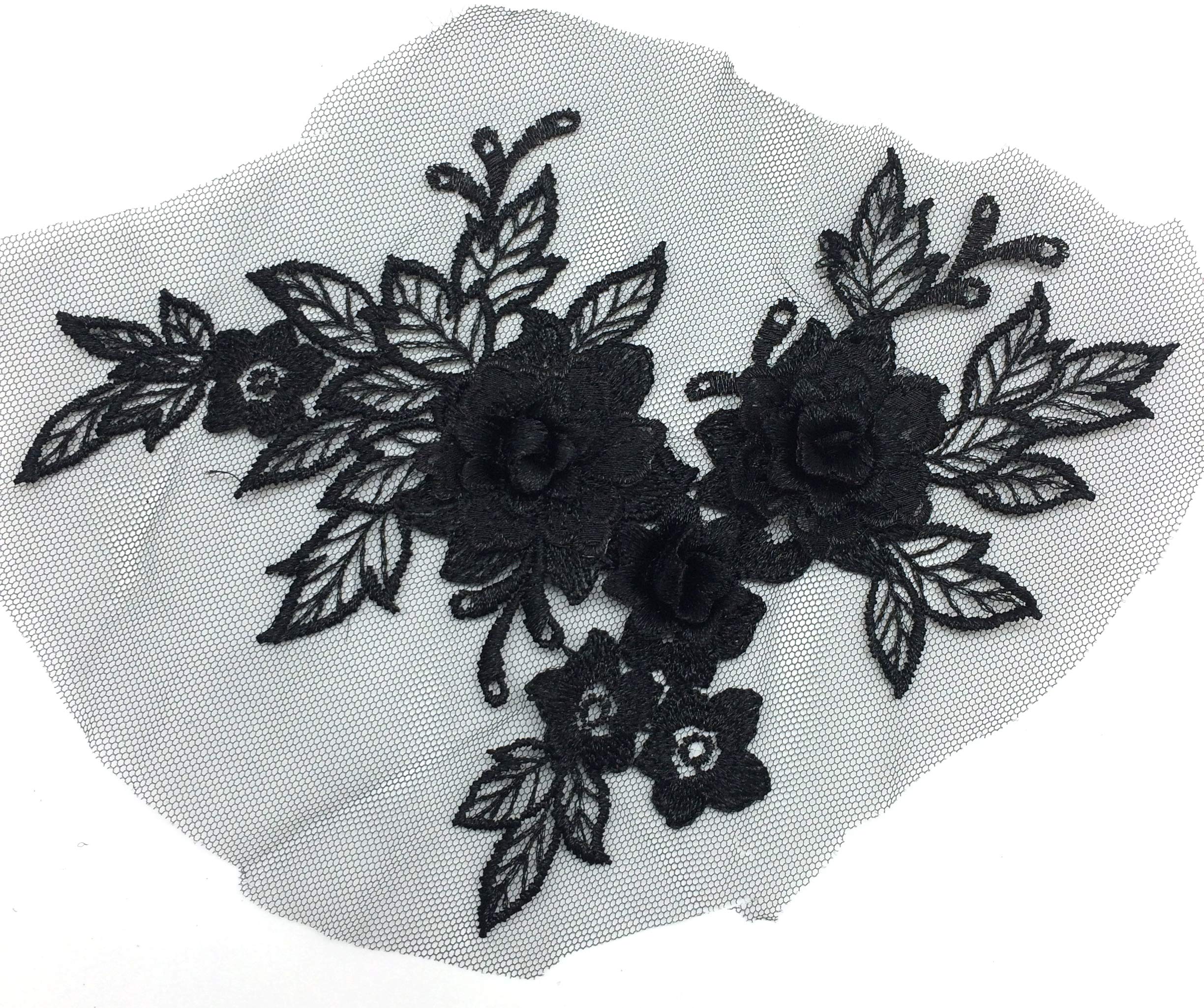 PEPPERLONELY 2PC 3D Black Flower Embroidered Lace Appliques Handmade Wedding Dress Decoration DIY Sewing Craft, 19 x 15cm