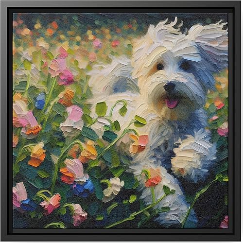 Arte de pared Decoración del hogar Impresión en lienzo Pintura al óleo Lindo retrato de perro Cockapoo Sweet Peas Flower Play