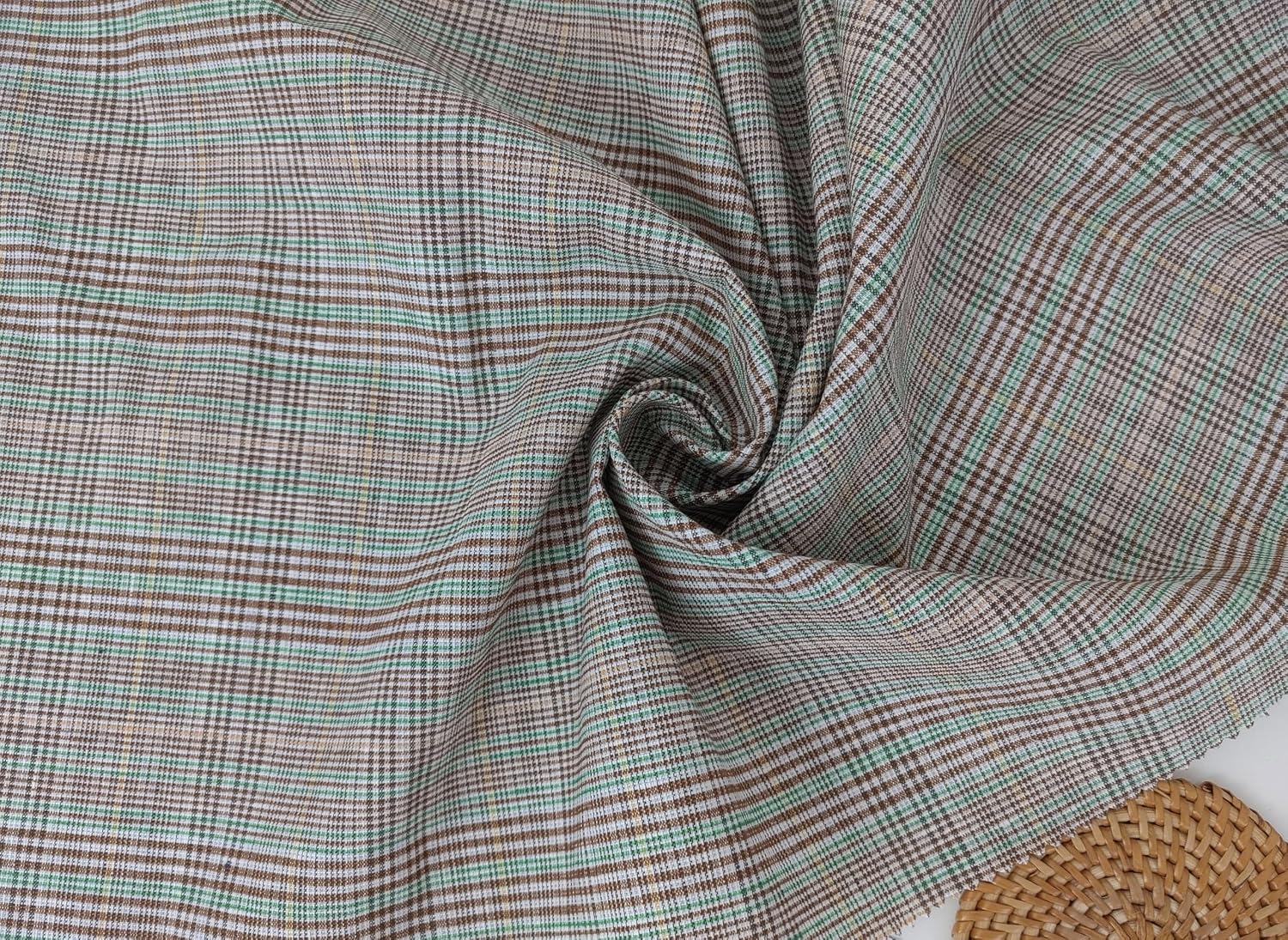 Green Linen-Polyester PU Stretch Plaid Fabric Green