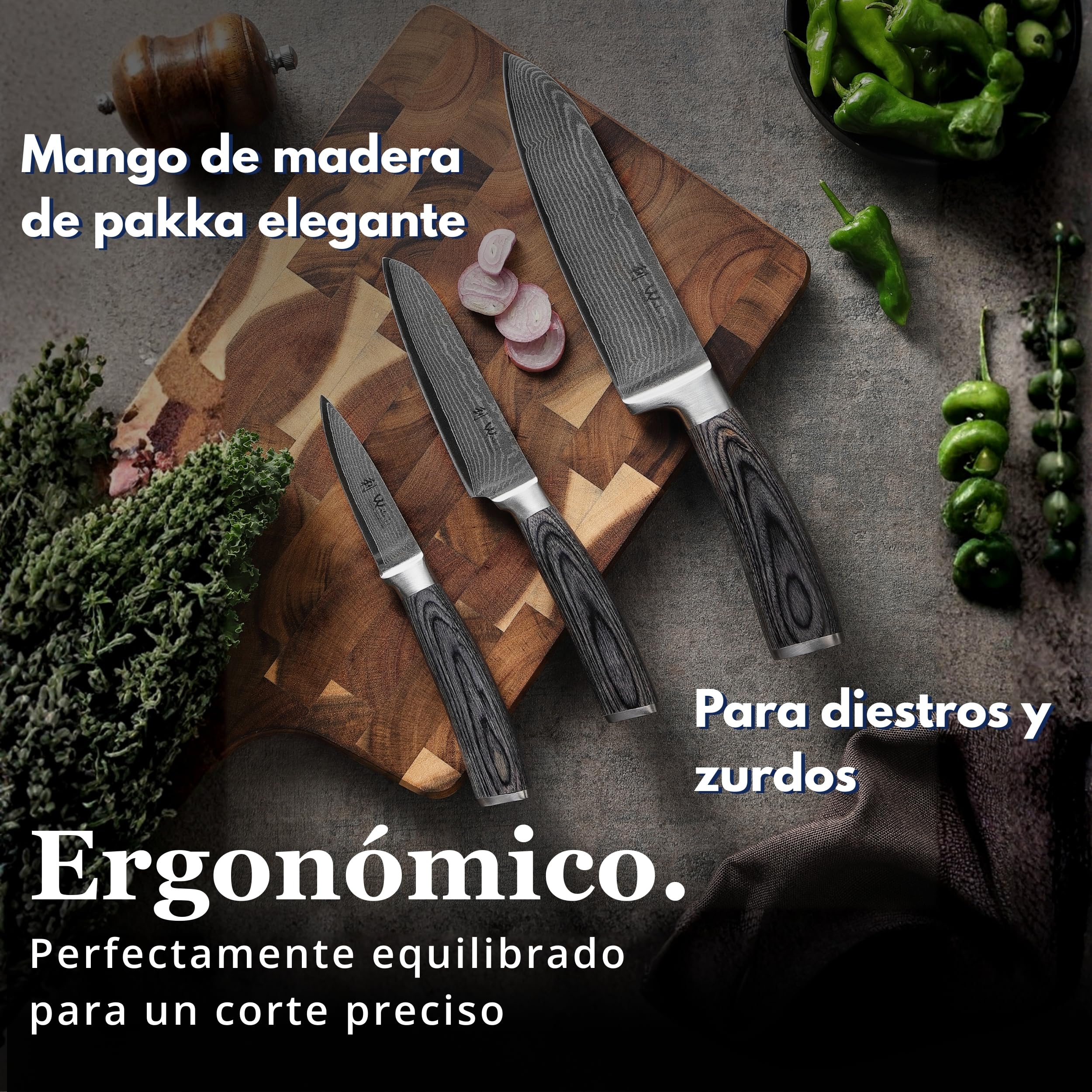 Wakoli Edis juego de 3 cuchillos de cocina de acero de damasco con núcleo VG10, caja de madera, 2 cuchillos Santoku y cuchillo pelador, hojas de 17 cm, 12,5 cm y 8,5 cm, mango Pakka