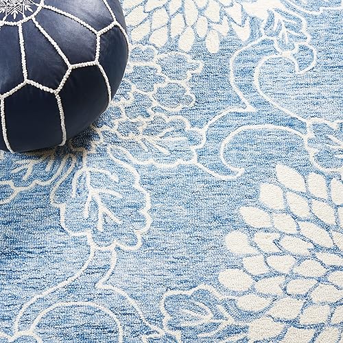 Miniatura 7 de SAFAVIEH Alfombra de área de 8 x 10 pulgadas, colección Jardin, grande, azul y marfil, lana hecha a mano, diseño floral, ideal para sala de estar,