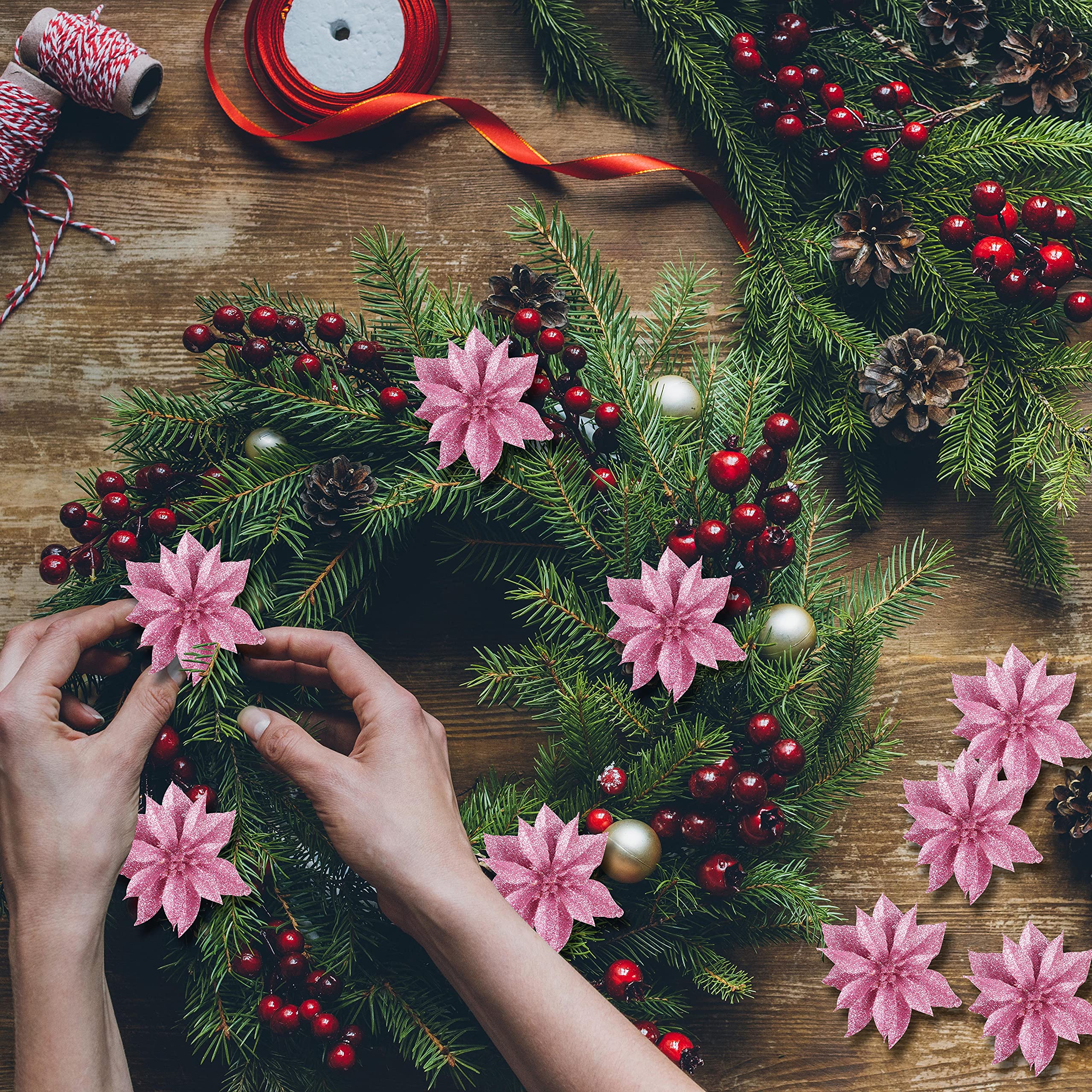36 Stuks Kerst Glitter Poinsettia Bloemen Glitter Kerstboom Ornamenten