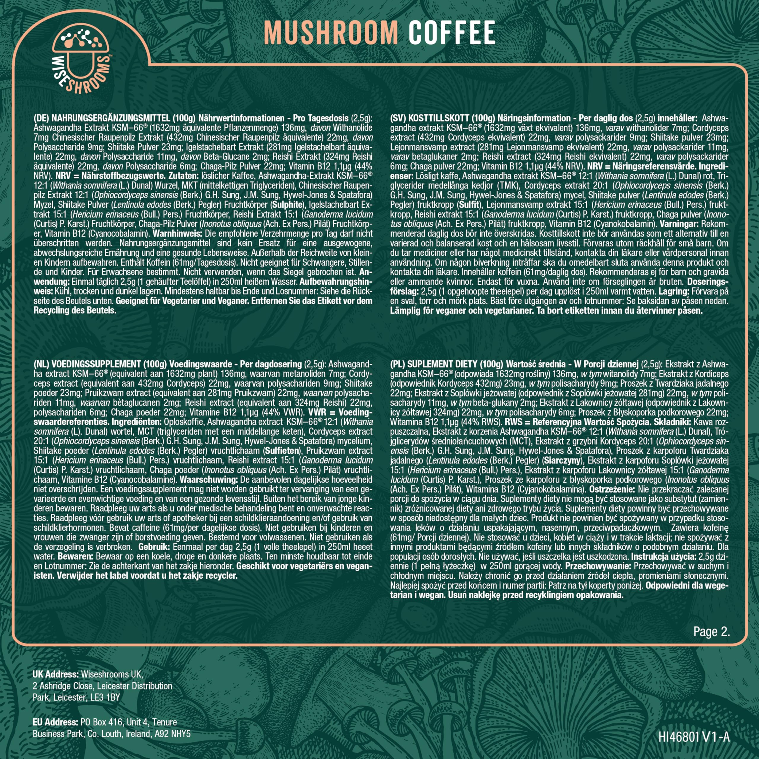 Pilz Kaffee mit Ashwagandha KSM-66 | 40 Portionen | 5 Pilz Komplex mit Löwenmähne, Cordyceps, Shiitake, Reishi, Chaga & Zugesetzt Vitamin B12 | von Wiseshrooms