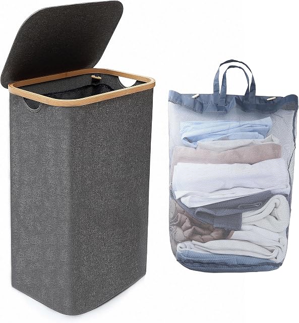Bienvoun 110L Laundry Basket with Lid Large Laundry Hamper with Removable Bag Foldable Dirty Clothes Washing Basket for Laundry Bathroom Bedroom Grey
