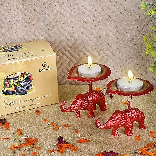 SATVIK - Soporte de elefante multicolor Diya de metal para mesa de láminmi, portavelas de té, decoración tradicional india Diwali, decoración para