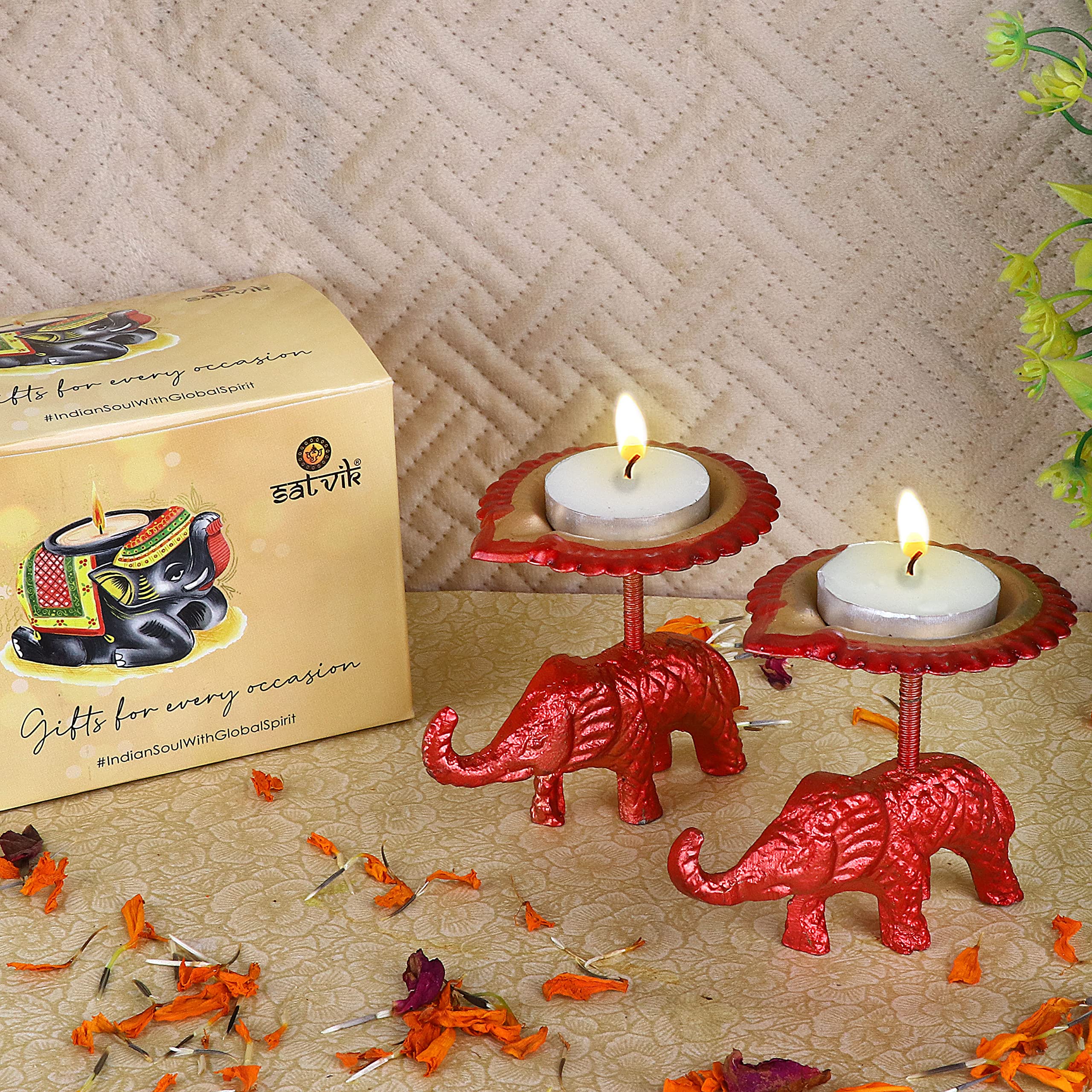 SATVIK 2 Pc Multicolor Elephant Stand Diya Metal Table Dia Laxmi Candle Tea Light Holder Diwali Indian Traditional Décor Home Mandir Office Decoration Ganesh Oil Lamp Housewarming Return Gift Items
