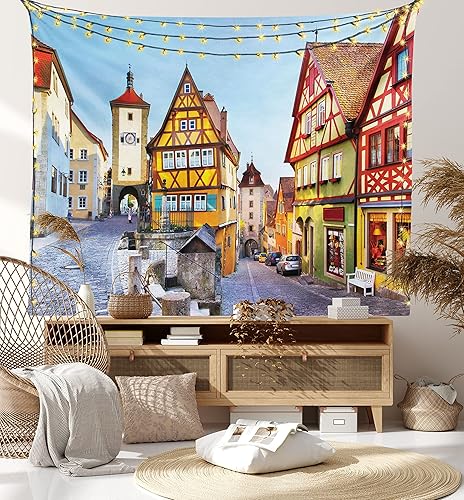 Miniatura 8 de Ambesonne Tapiz alemán, Rothenburg ob der Tauber Baviera Alemania famosa calle colorida casas clásicas, decoración de tela para colgar en la pared