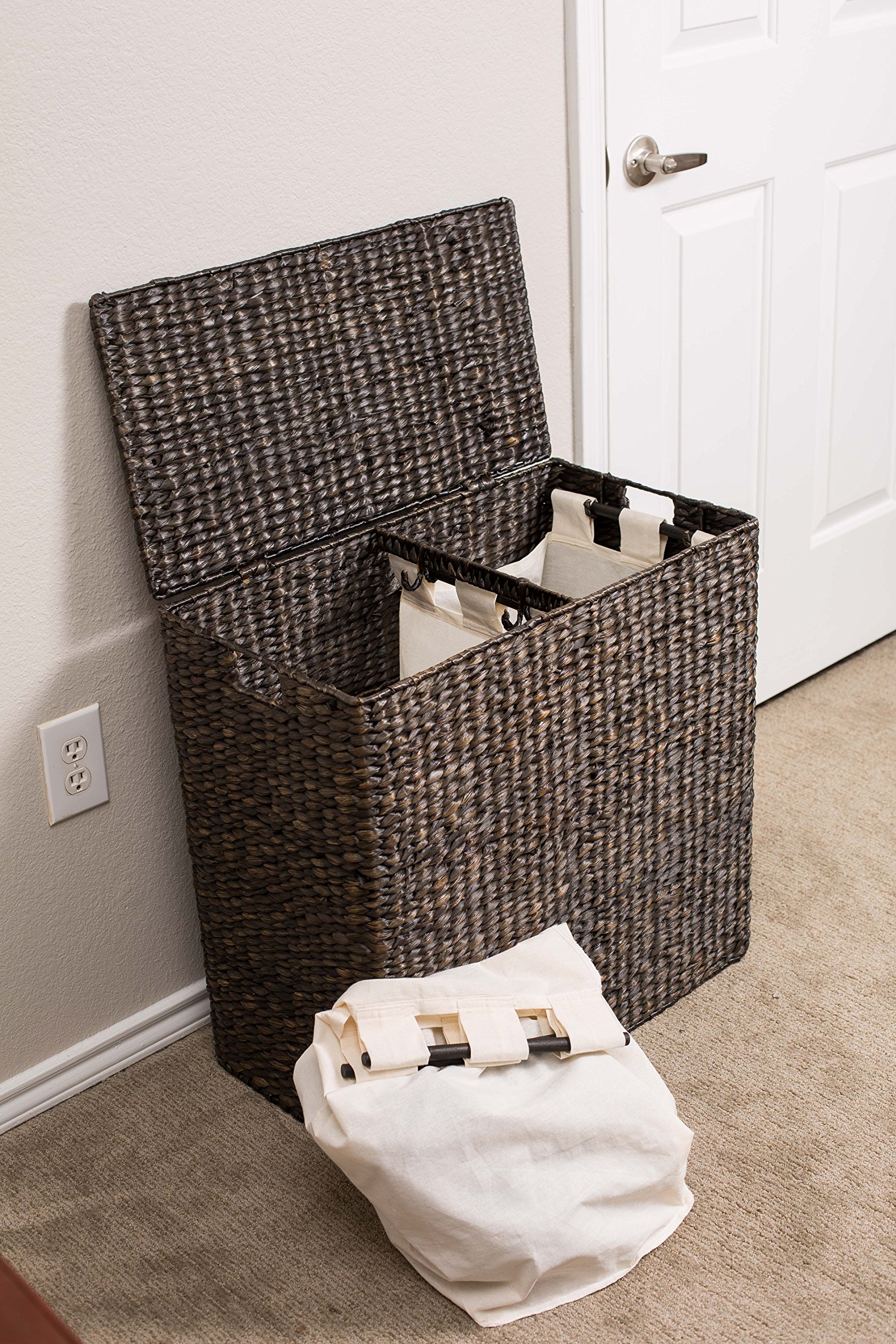 BIRDROCK HOME Double Laundry Hamper with Lid and Divided Interior (Espresso) Decorative Hand