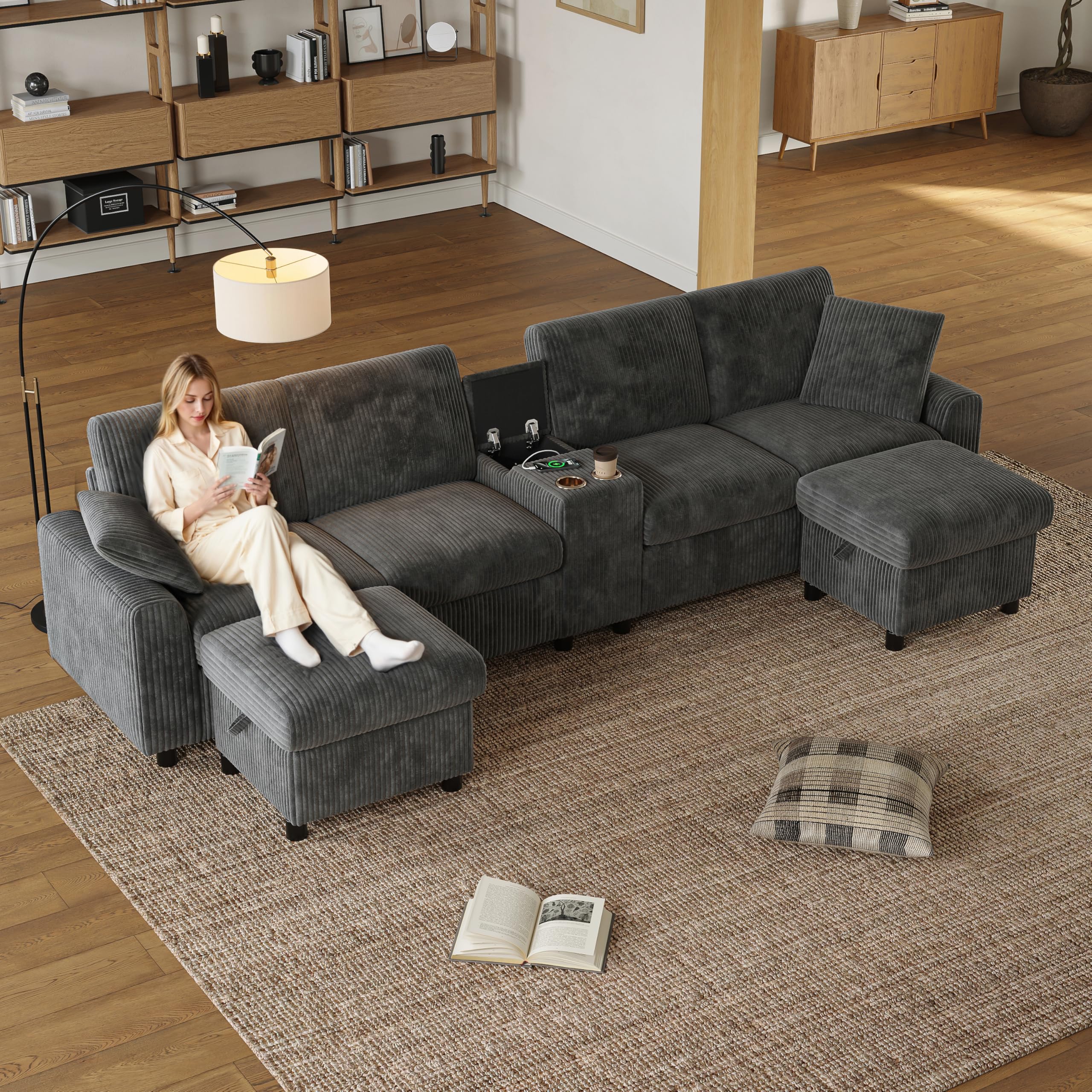 Sofá Convertible de 4 plazas en forma de U con USB C y 2 portavasos, sofá esquinero convertible de pana con 2 reposapiés de almacenamiento y 2 cojines, sofá modular en el salón Appt, gris