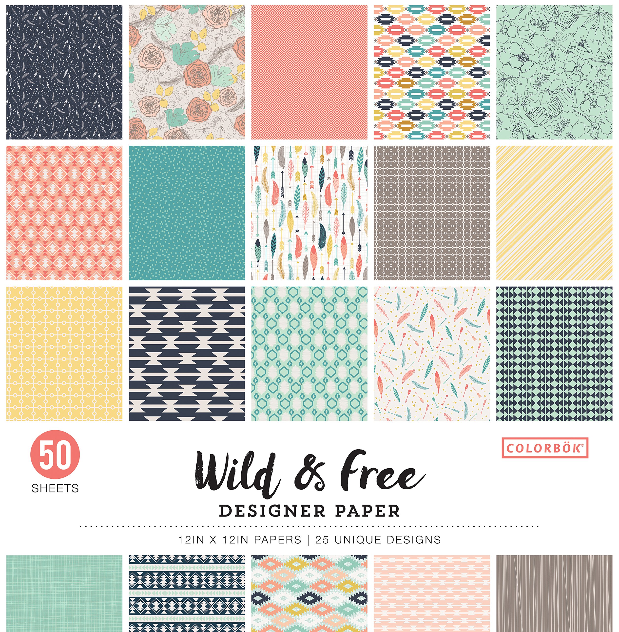 Colorbok Patterned Cardstock Paper 12x12, 50 Sheets of Square Scrapbook Paper for Crafts and Card Making, Single Sided, Bulk Pack with 25 Unique Designs, Wild & Free
