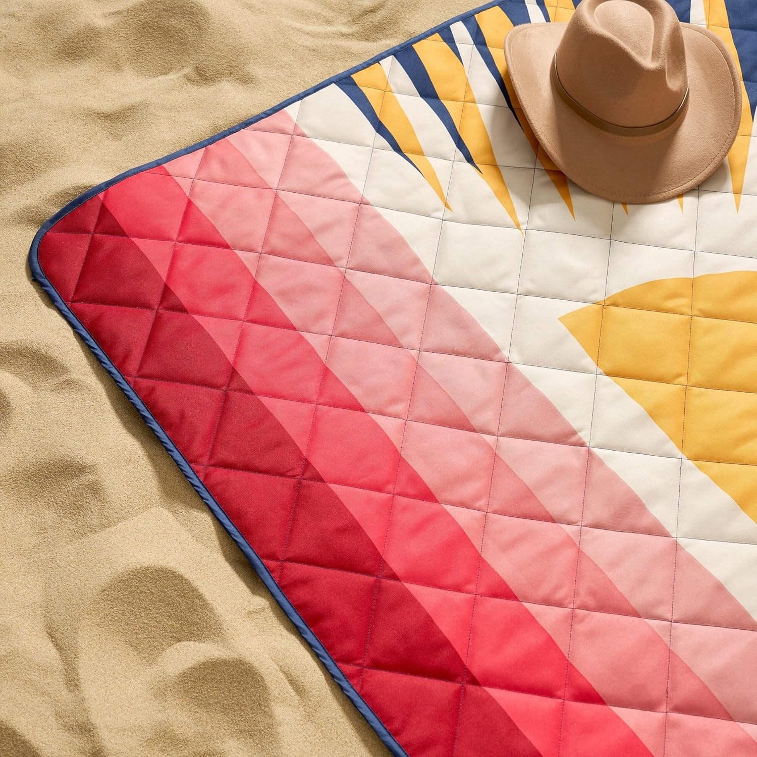 Weatherproof Vintage Waterproof Outdoor Blanket- Blue and Yellow Roll Up Throw Blanket with Handle, Velcro Closure - Camping Supplies, Travel Blanket for Beach, Picnic & Events, 60"x72" (Big Sun)