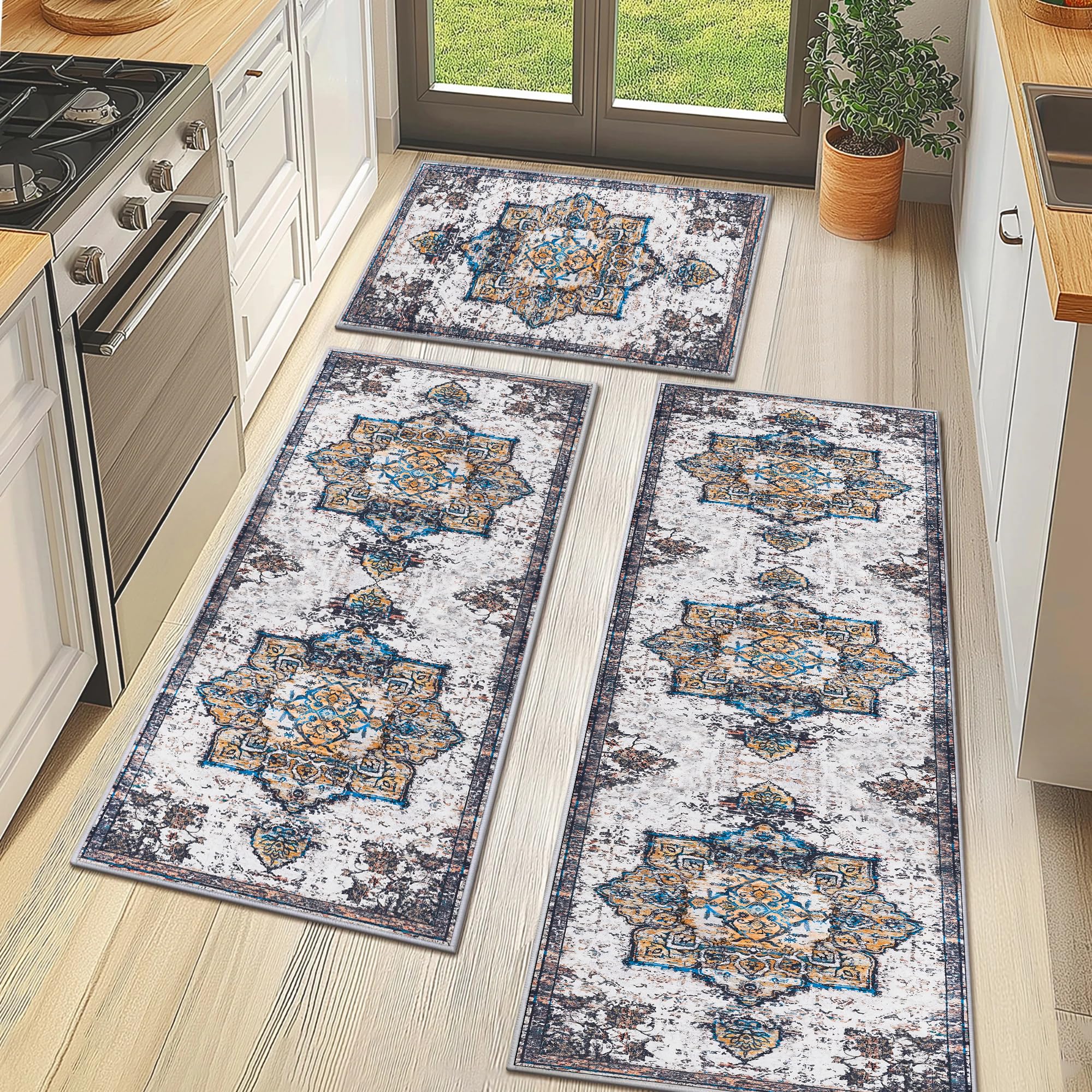 Boho Kitchen Rugs Set Washable Throw Rugs with Rubber Backing Non Slip Floor Mats Farmhouse Carpet for Kitchen, Laundry Room, Hallway