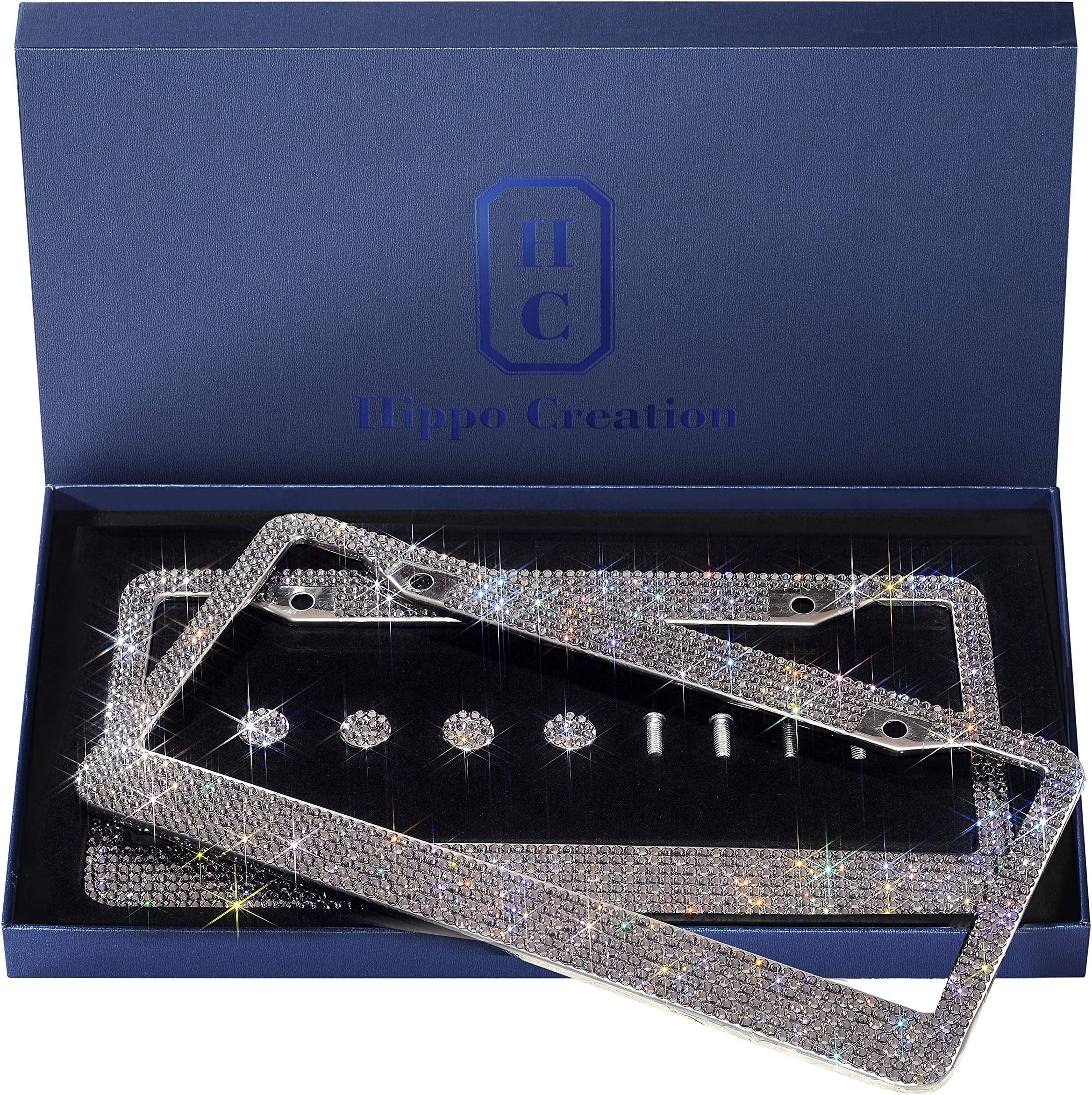 Handcrafted Bling License Plate Frames for Women, Men | 2 Pack Bedazzled Cover with Glittery Screw Caps | Stainless Steel Diamond Rhinestone License Plate Frame/Cover | Giftbox Included (Space Grey)