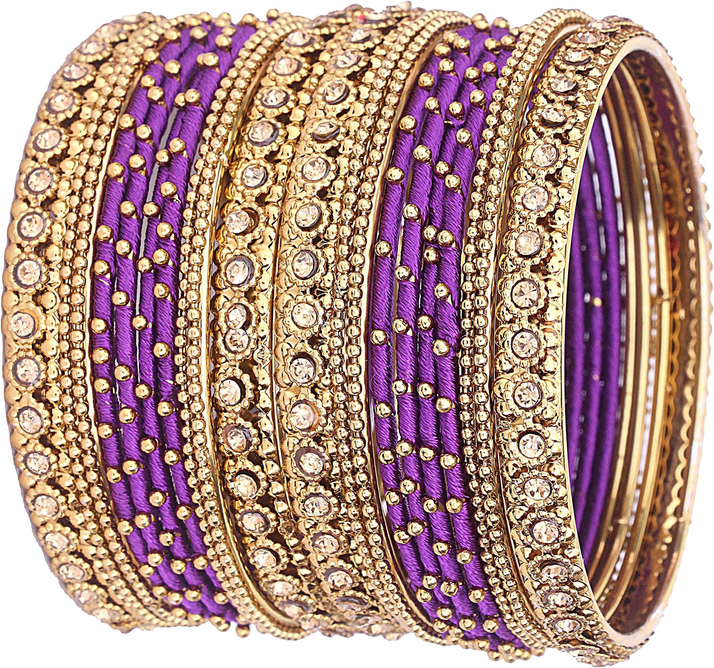 NMII Metal with Golden Zircon Gemstone & Silk Thread Studded worked Ball Chain Linked Stylish Bangle Set For Women and Girls, 2.6, Metal, Zircon