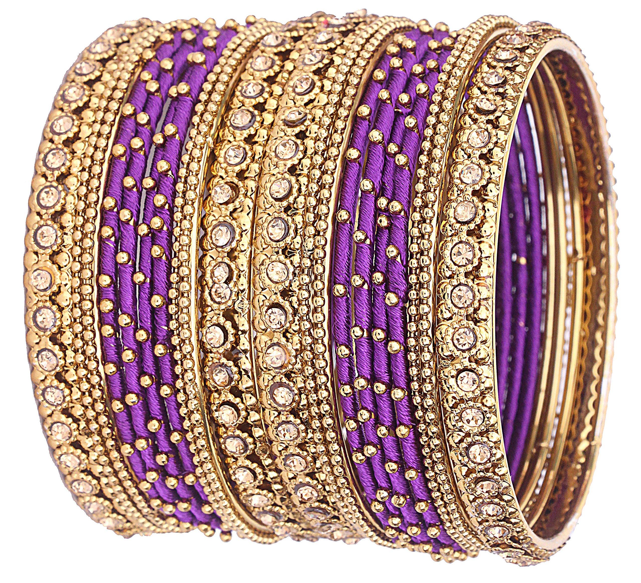 NMII Metal with Golden Zircon Gemstone & Silk Thread Studded worked Ball Chain Linked Stylish Bangle Set For Women and Girls