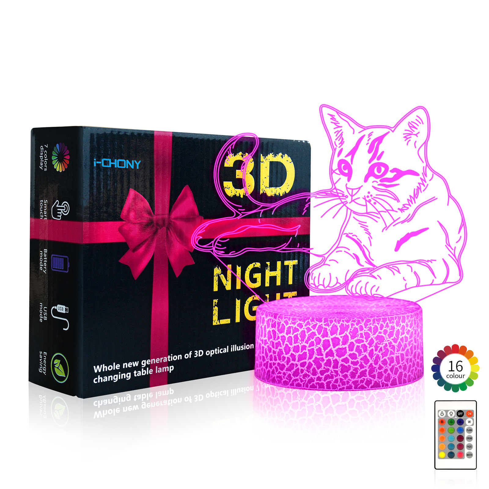 Image of i-CHONY Cat Gift 3D Illusion Lamp,Cute LED Night Light,with Remote & Smart Touch 16 Colors Bedroom Decorations Bedside Lamp - Cat Love Gift for Women Teens Girls Kids Birthday Christmas
