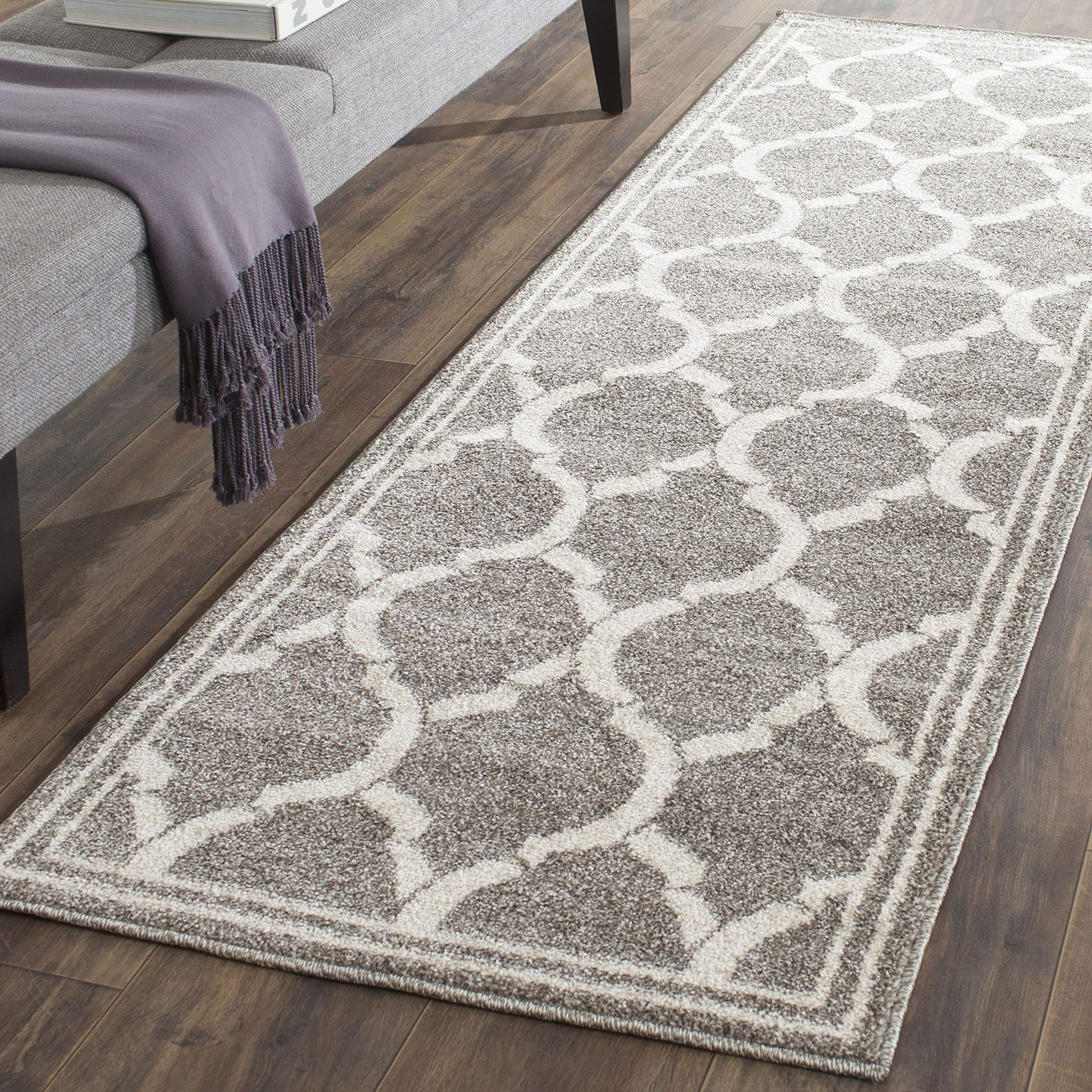SAFAVIEH Amherst Collection Runner Rug - 2'3" x 9', Dark Grey & Beige, Trellis Design, Non-Shedding & Easy Care, Ideal for High Traffic Areas in