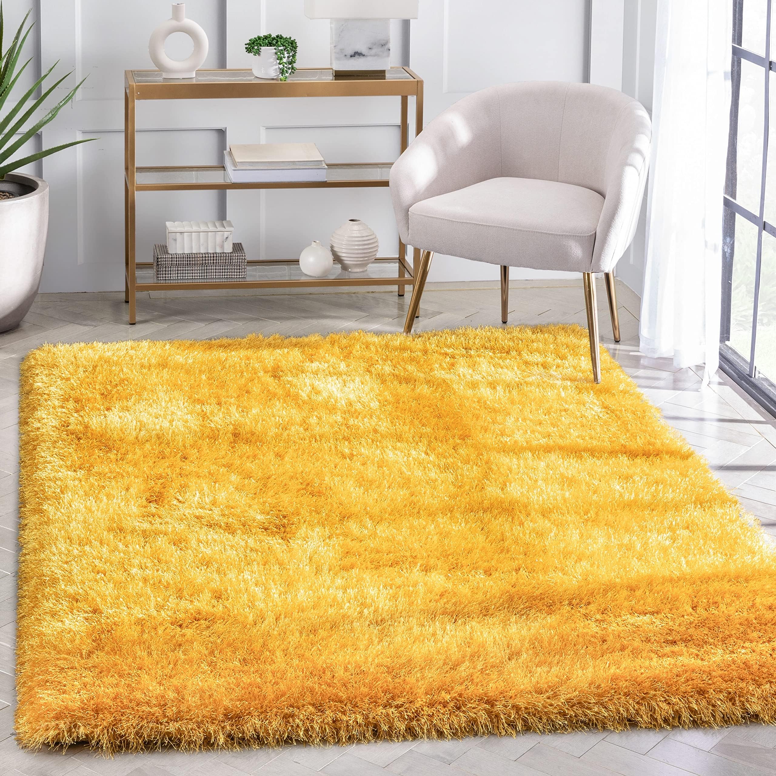 Taukir Carpets 2.5 inches Handwoven Plain shag Collection Super Soft Polyester with Microfiber Silk Touch Carpet. Size 5x8 feet Color, Yellow Mustard