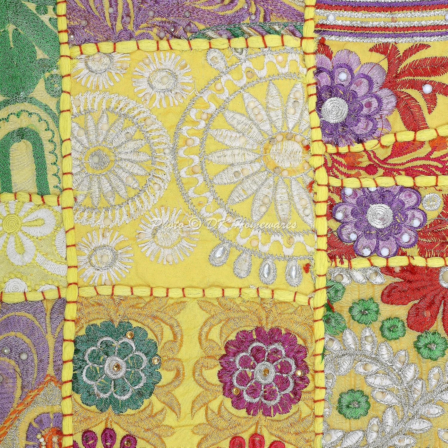 Ethnic Throw Pillow Covers 12 x 12 Inch Cotton Vintage Patchwork Decorative Square Embroiderded Cushion Covers (Size - 30x30 cm ; Color: Lemon Yellow) - Set of 4 Pcs (Cover Only)