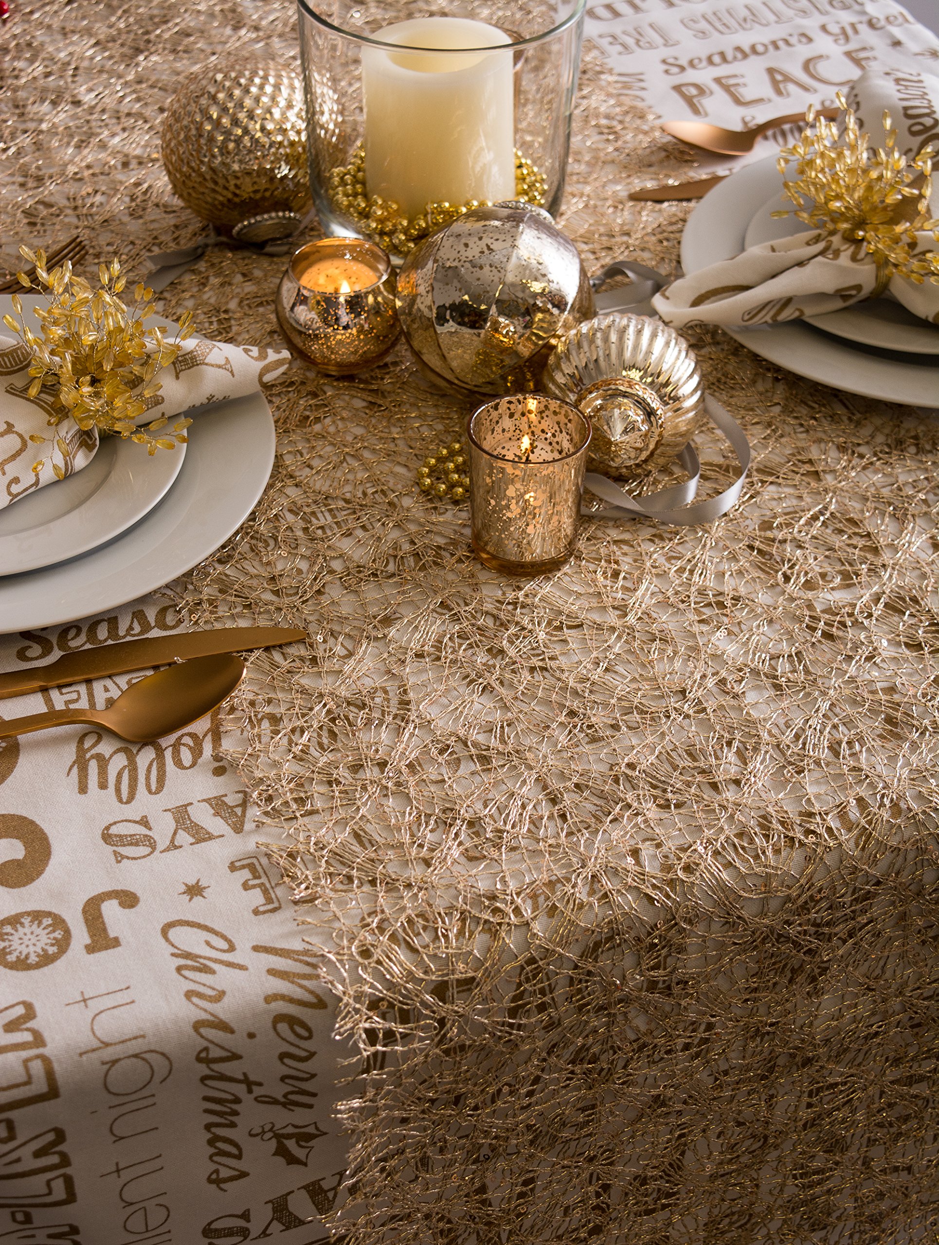 DII Runner Da Tavolo Con Paillettes Oro - 40x305 Cm, In PVC E Poliestere, Per Matrimoni E Feste - 3