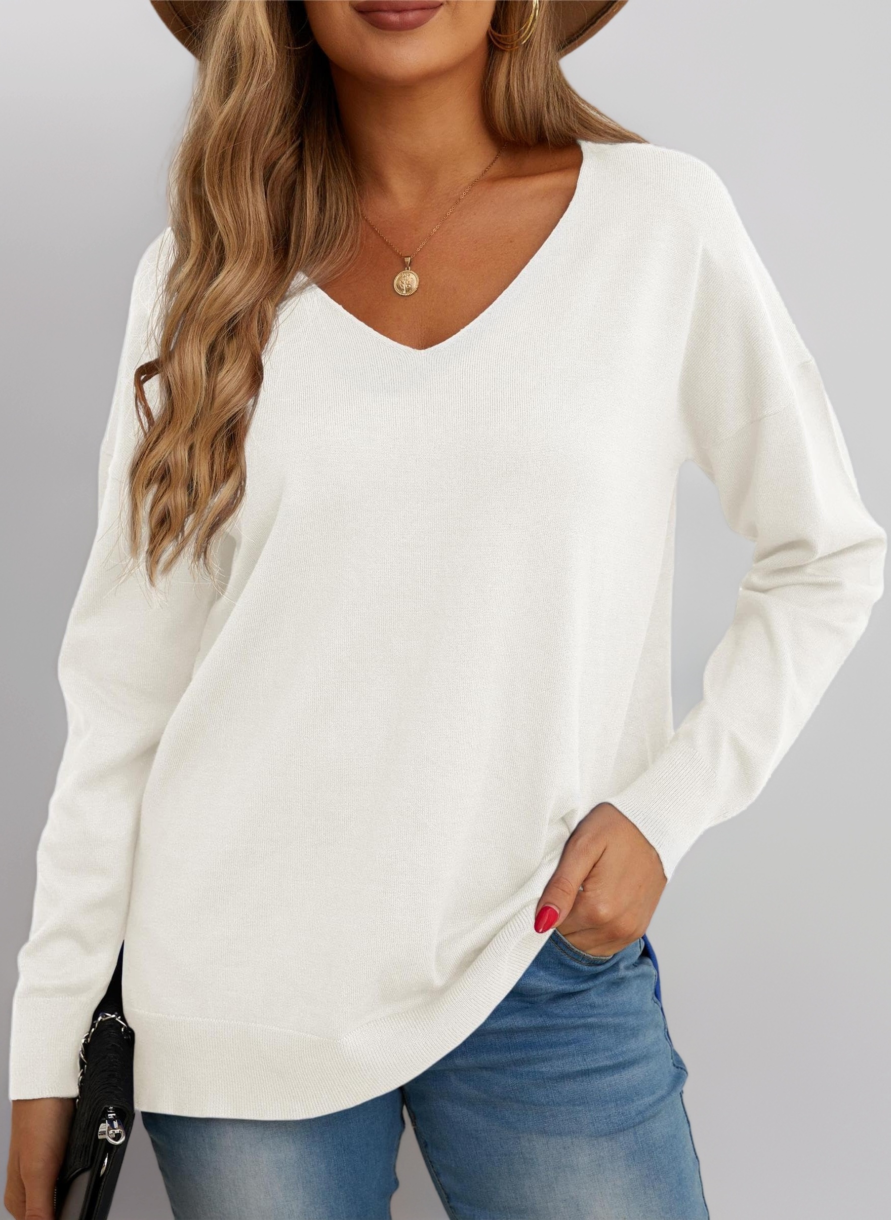 Women's Knit Jumpers V Neck Sweatshirt Ladies Casual Classic Plain Pullover Long Sleeve Jumper Tops Blouse T-Shirt for Winter Fall Spring