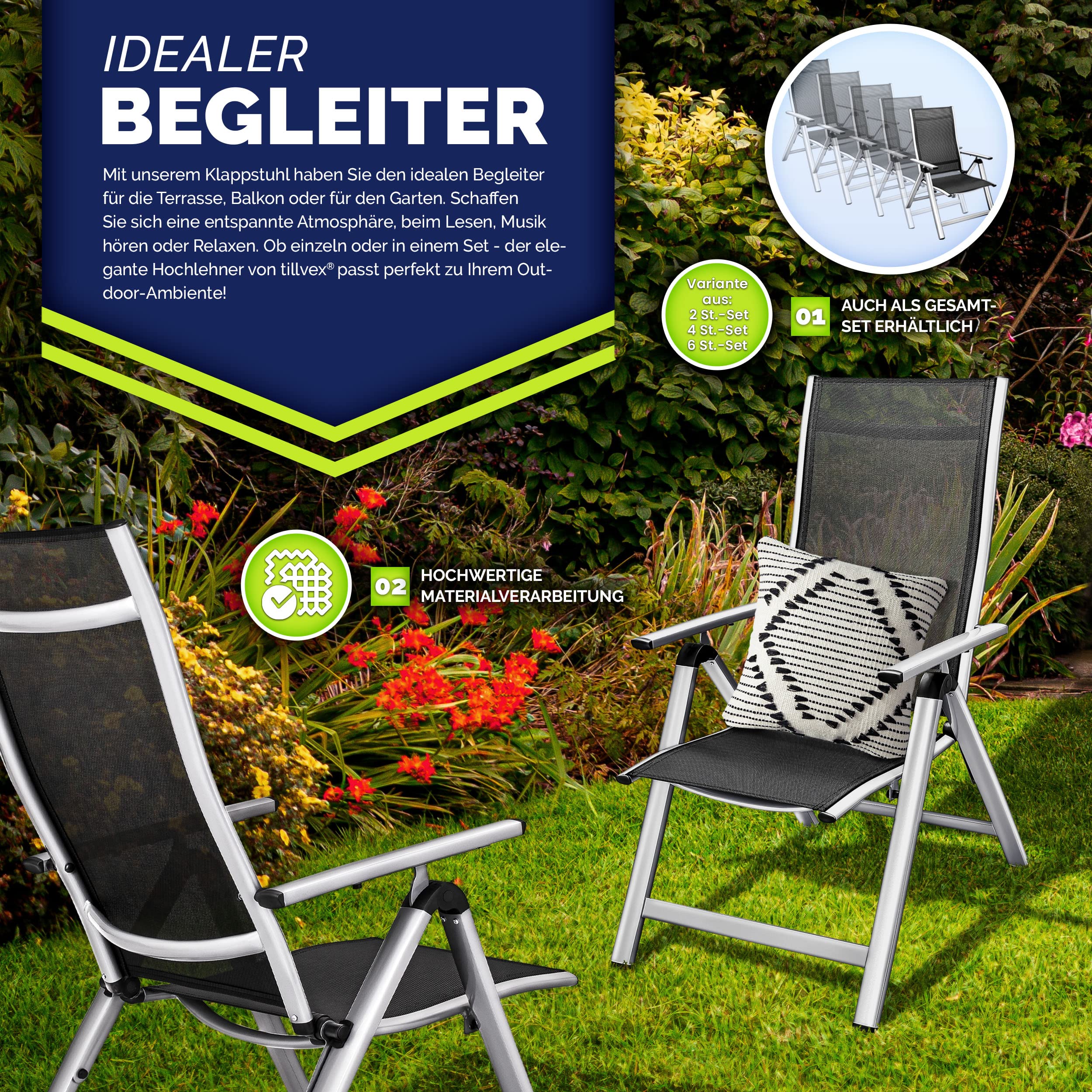 tillvex Gartenstuhl Premium 2er Set klappbar aus Aluminium | Hochlehner mit Armlehnen | Klappstuhl verstellbar | Klappsessel Balkon Garten Terrasse (Silber)
