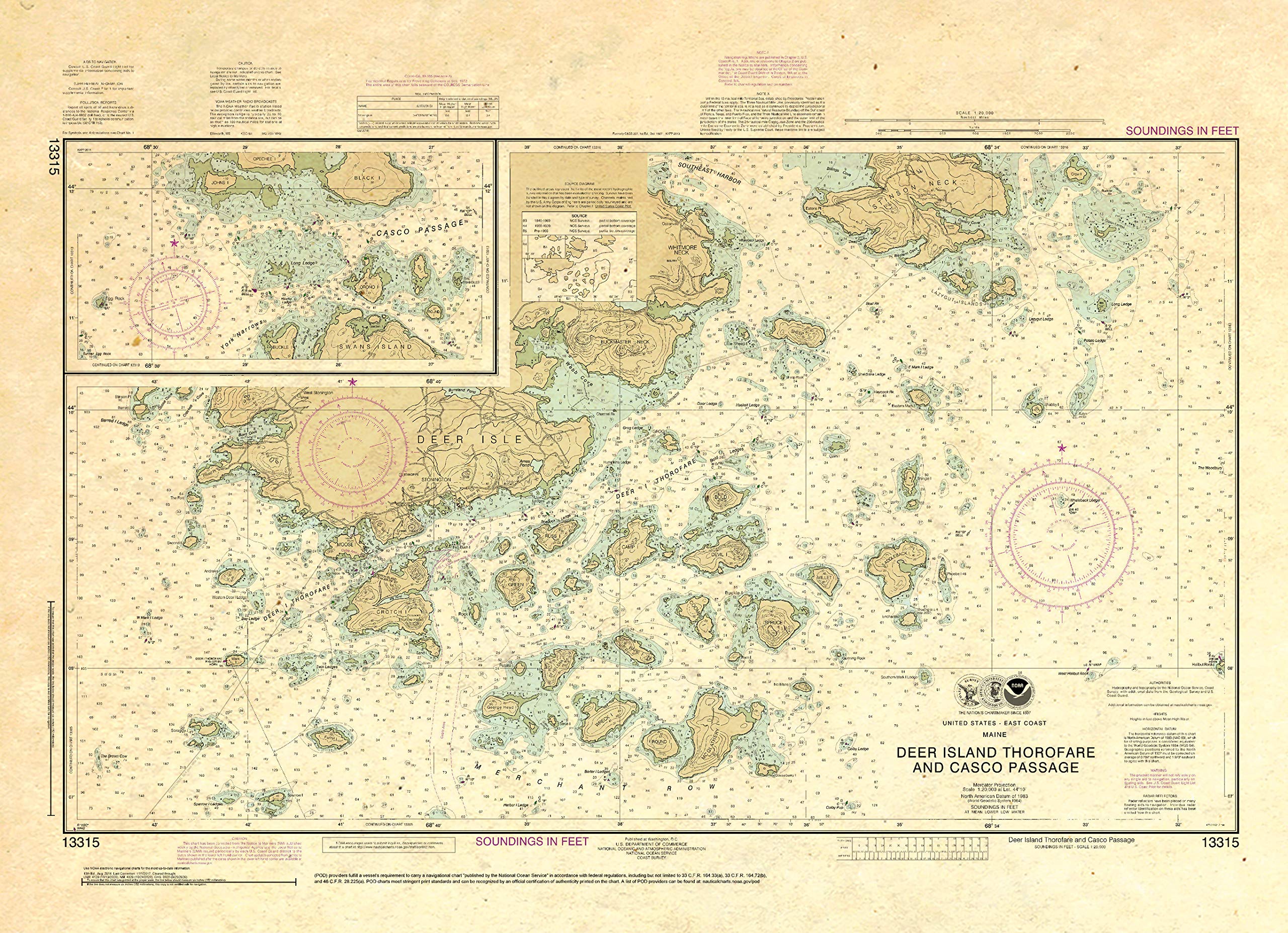 Paradise Cay Publications, Inc. Antiqued NOAA Chart 13315: Deer Island Thorofare and Casco Passage