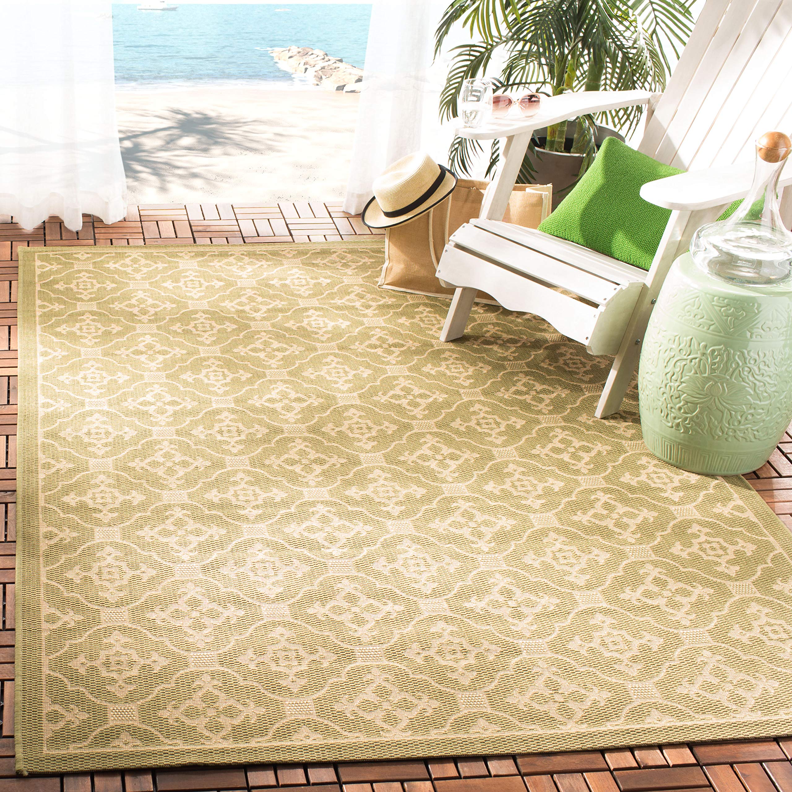 SAFAVIEH Courtyard Collection 2'7" x 5' Green/Cream CY6564 Indoor/ Outdoor Waterproof Easy Cleaning Patio Backyard Mudroom Area Rug