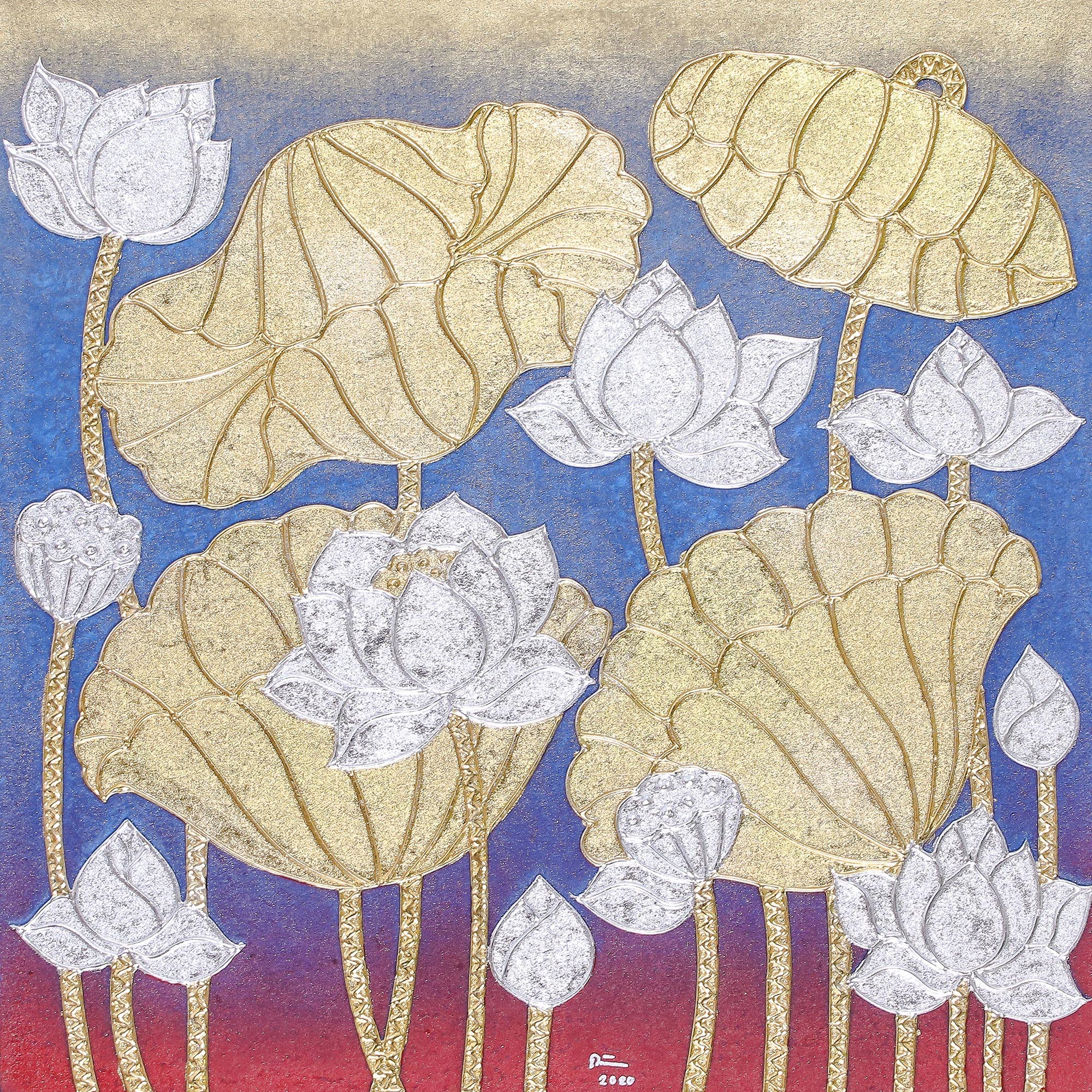 NOVICA Artisan Handpainted Thai Blossom Painting With Metallic Foil Thailand Folk Art Floral 'Blue Winter Lotus'