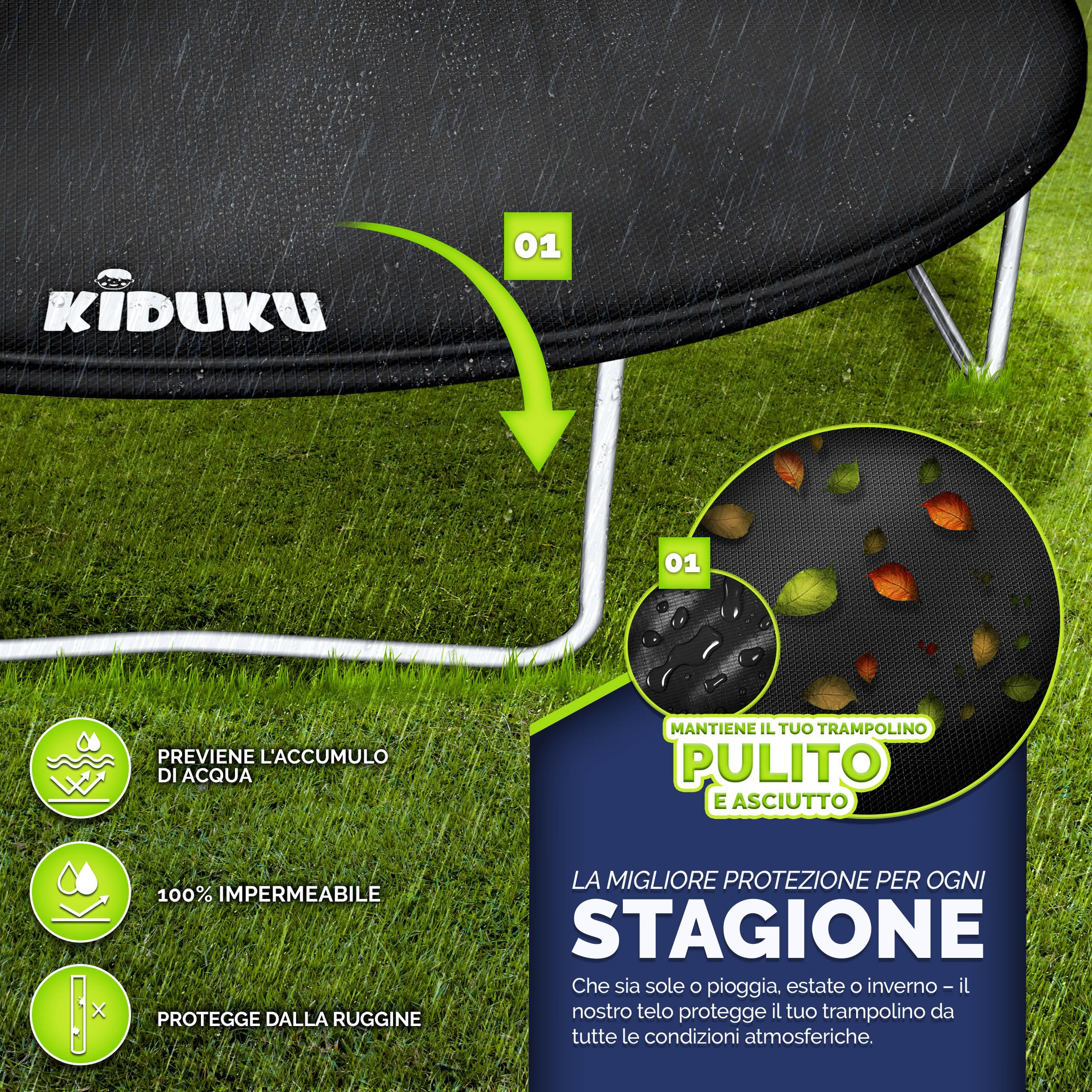 KIDUKU Telo Protettivo Copertura per Trampolino Elastico 244-427 cm | Tappeto di Protezione dalle Intemperie per Tappeti Elastici | Telone Antipioggia, Resistente ai Raggi UV