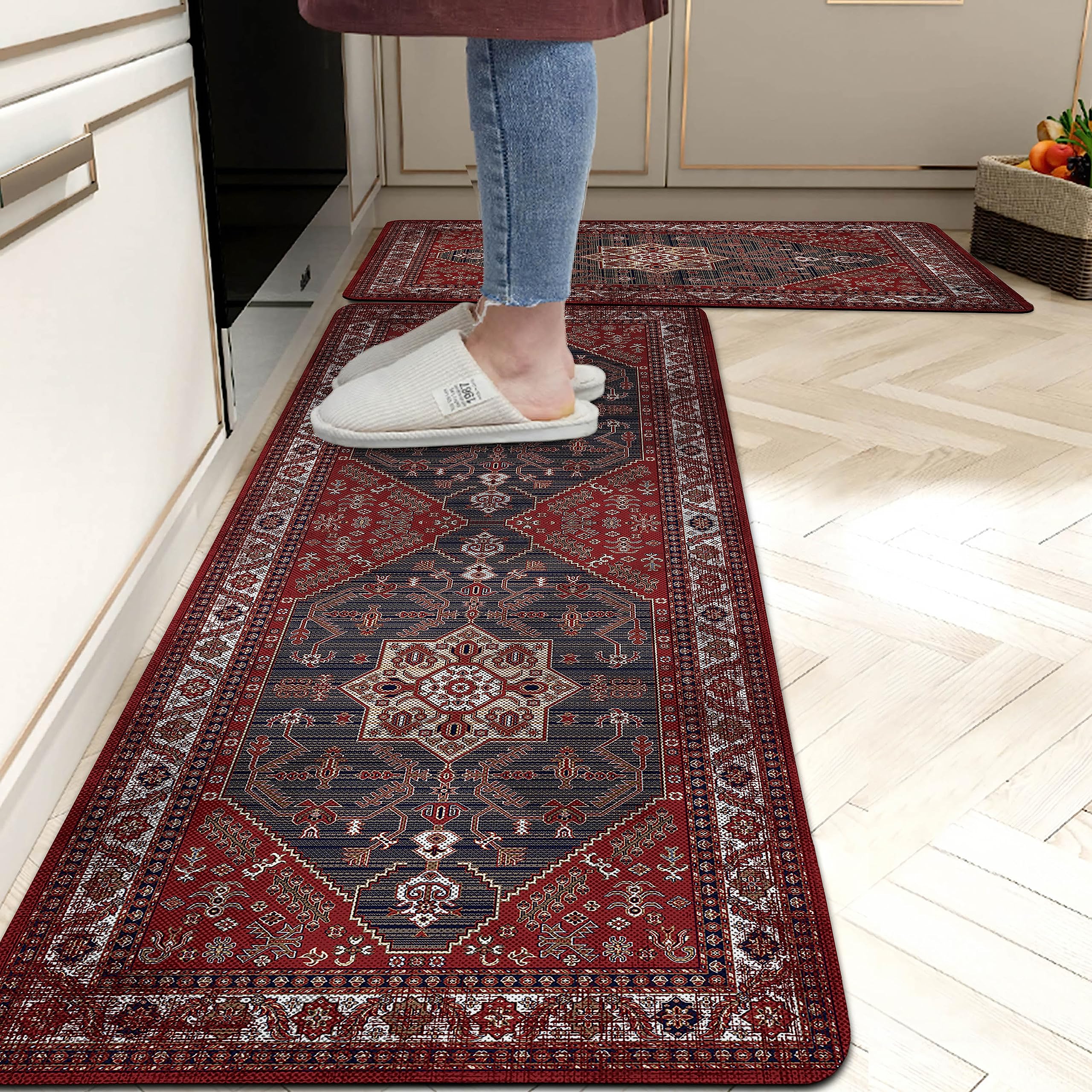 notepureBoho Kitchen Rugs and Mats for Floor Red Vintage Bohemian Kitchen Floor Mat 0.4 Inch Anti Fatigue Non Skid Comfort Standing Rug for Kitchen Laundry Sink Decor Set of 2, 17"x 47"+17"x 28"