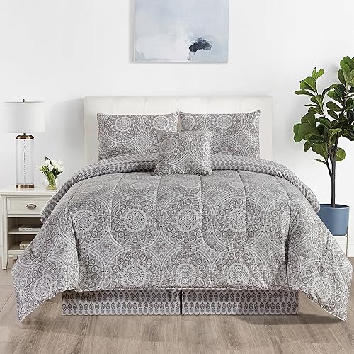 Juego de edredón de 5 piezas tamaño Queen  Reversible estampado azteca gris  Juego de ropa de cama para todas las estaciones, edredón acolchado