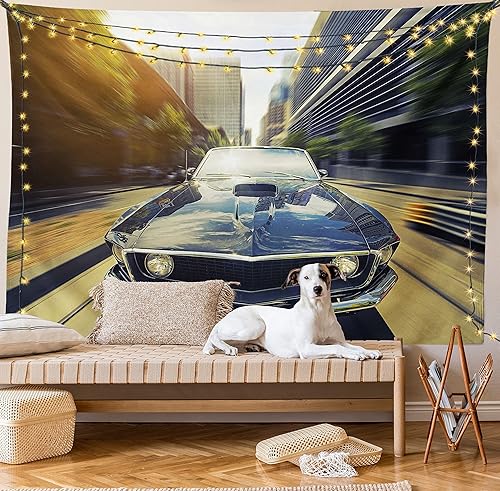 Ambesonne Tapiz retro, auto clásico vintage en calle urbana, imagen nostálgica de auto en la ciudad, para colgar en la pared ancha para dormitorio,