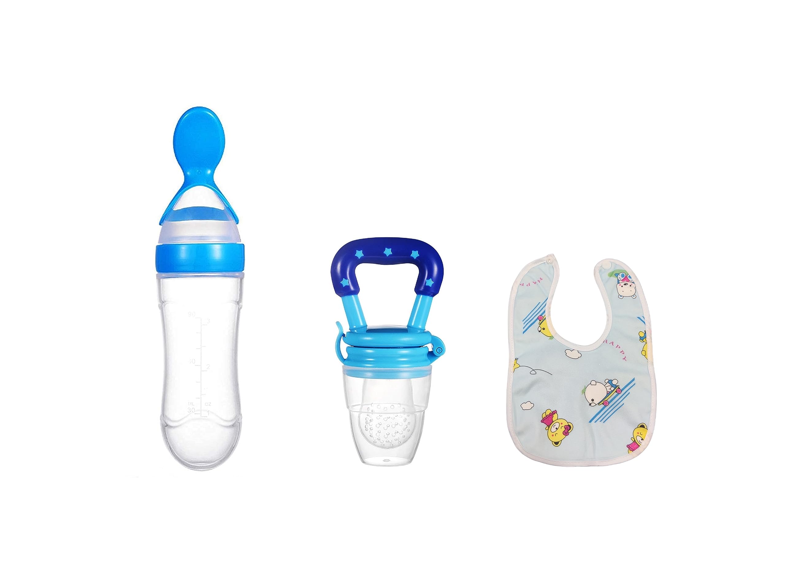 ROFORUF Baby Food Feeder Pacifier, Silicone Fruit Feeder Teethers for Babies 1 pc/Baby Bibs for Feeding & Weaning Babies 1 pc/Silicone Spoon Food Feeder for Babies 1 pc (Blue Pack of 3)-image-14