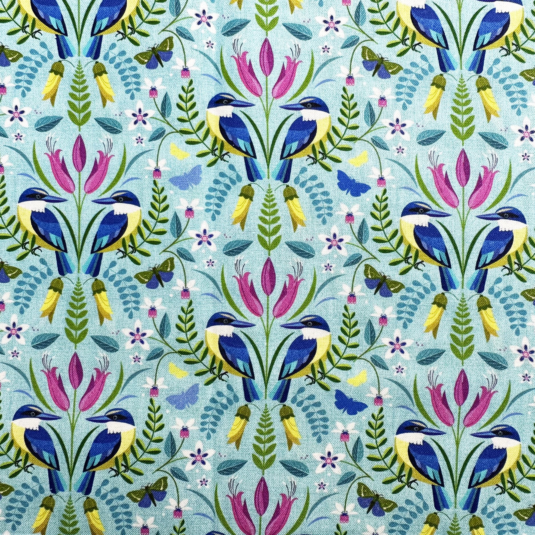 Glamour Secrets Blue Premium Cotton Fabric - Kingfisher Bird Print On - Craft Fabric Material Metre