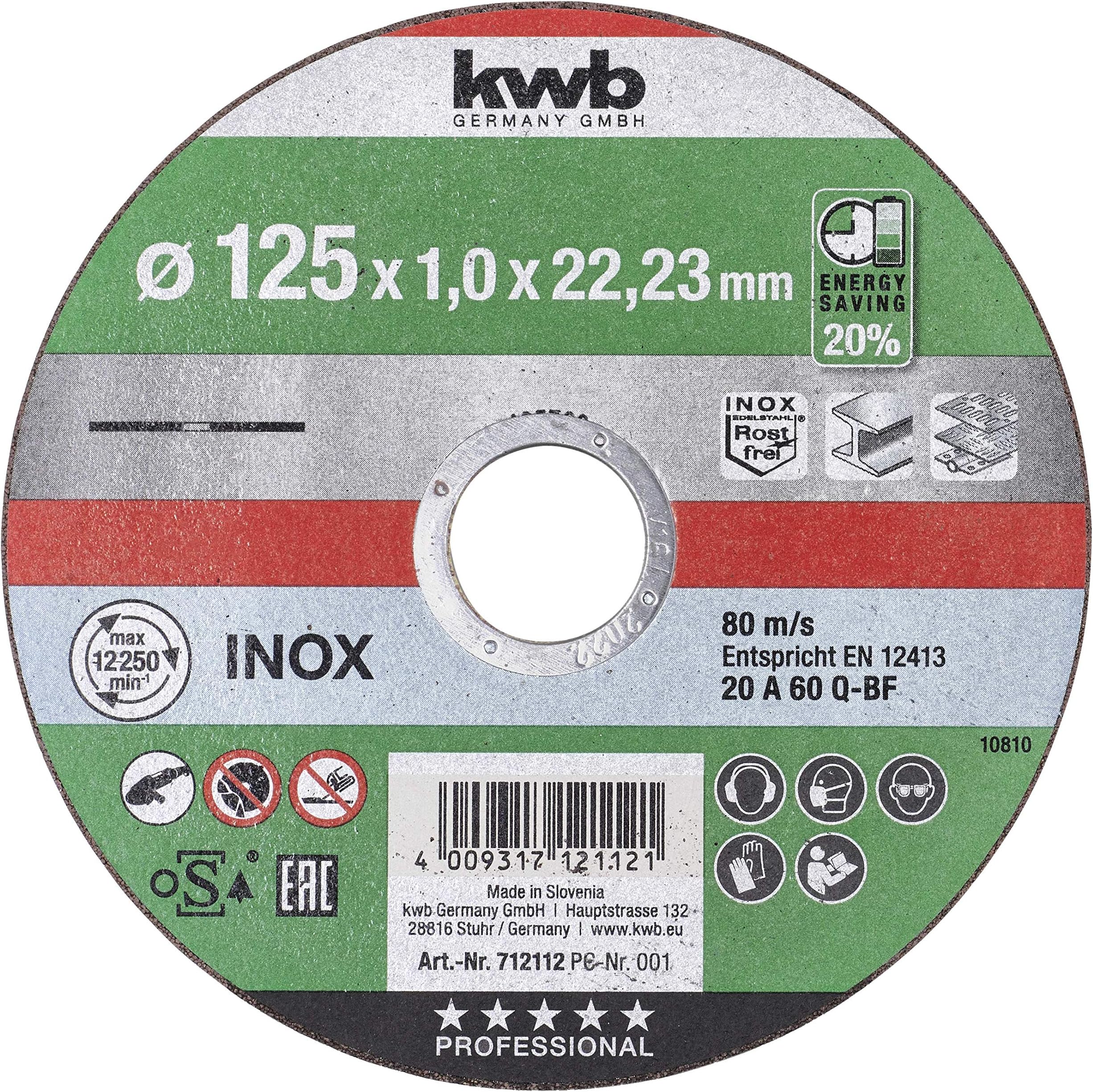 kwb 712112 Battery Top Extra Thin Release Disc 125 mm Speed, 125 x 1.0 for Angle Grinder, Flex Disc Suitable for Stainless Steel + Metal, Hole 22.23 mm, 125x1.0
