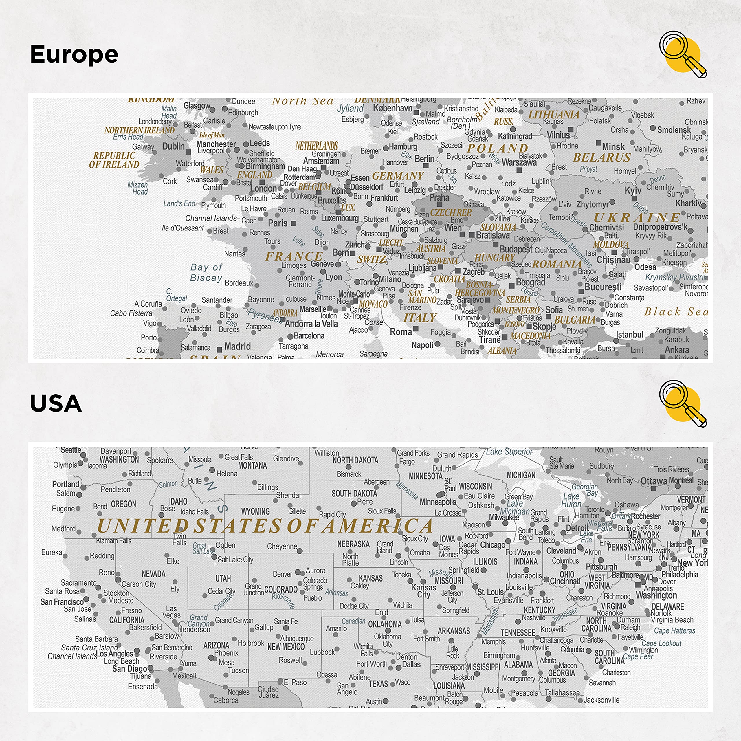 Trip Map Planisfero da Parete – Mappa del mondo - Quadro su tela incorniciato con 100 puntine incluse – Cartina geografica mondo in grigio e bianco - Grande dimensioni