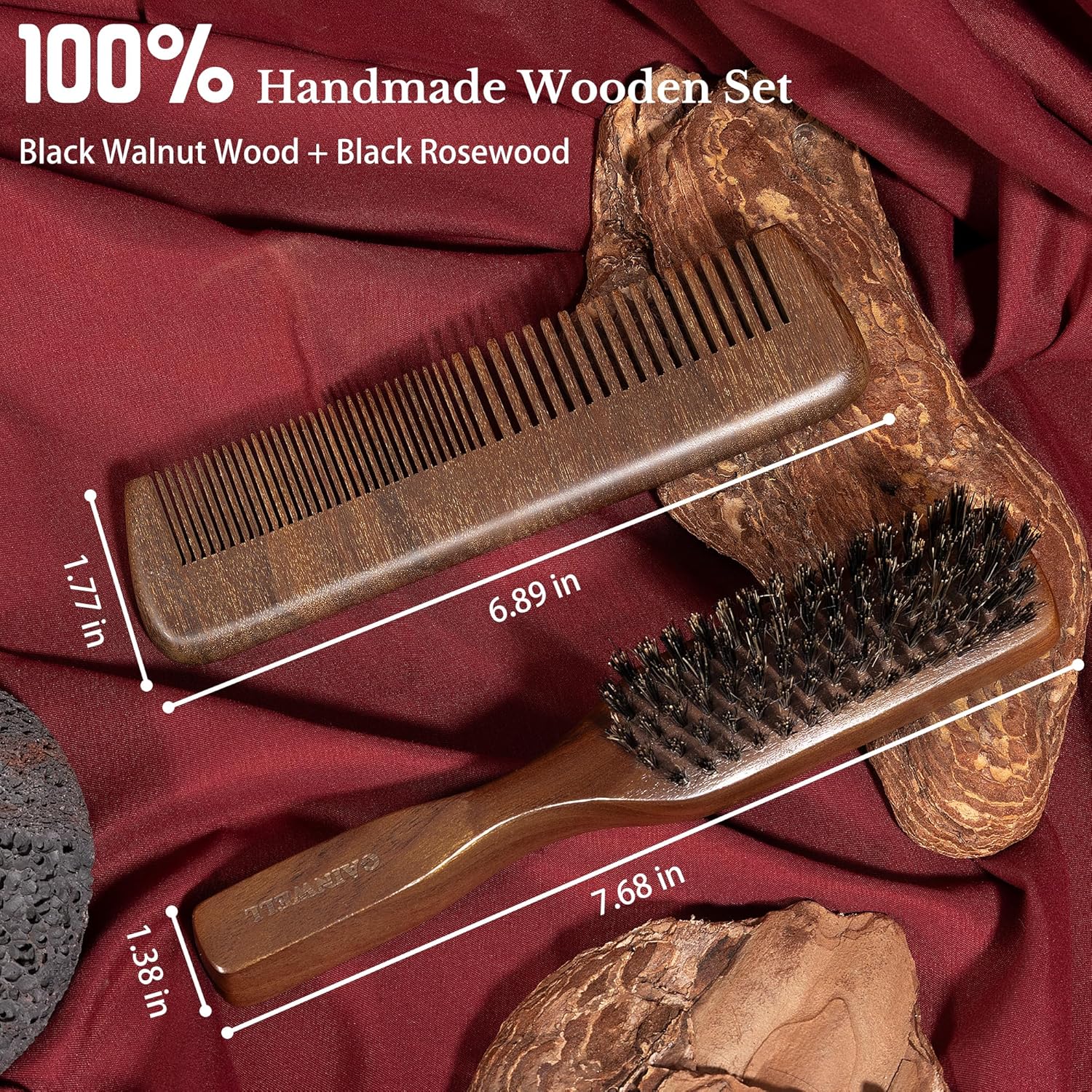 GAINWELL Mens Hair Brush Beard Comb Set, Slick Back Boar Bristle Hair Brush with Stiff Bristles for Thick Hair, Natural Black Walnut Gold Sandalwood Handle, Beard Mustache Brushes Comb Kit