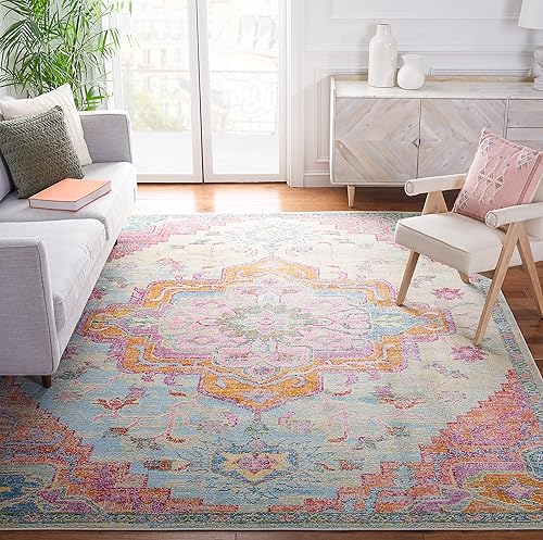 SAFAVIEH Crystal Collection CRS501B - Alfombra cuadrada de 8 pies, color azul claro y fucsia, estilo bohemio, envejecido y elegante, no desprende