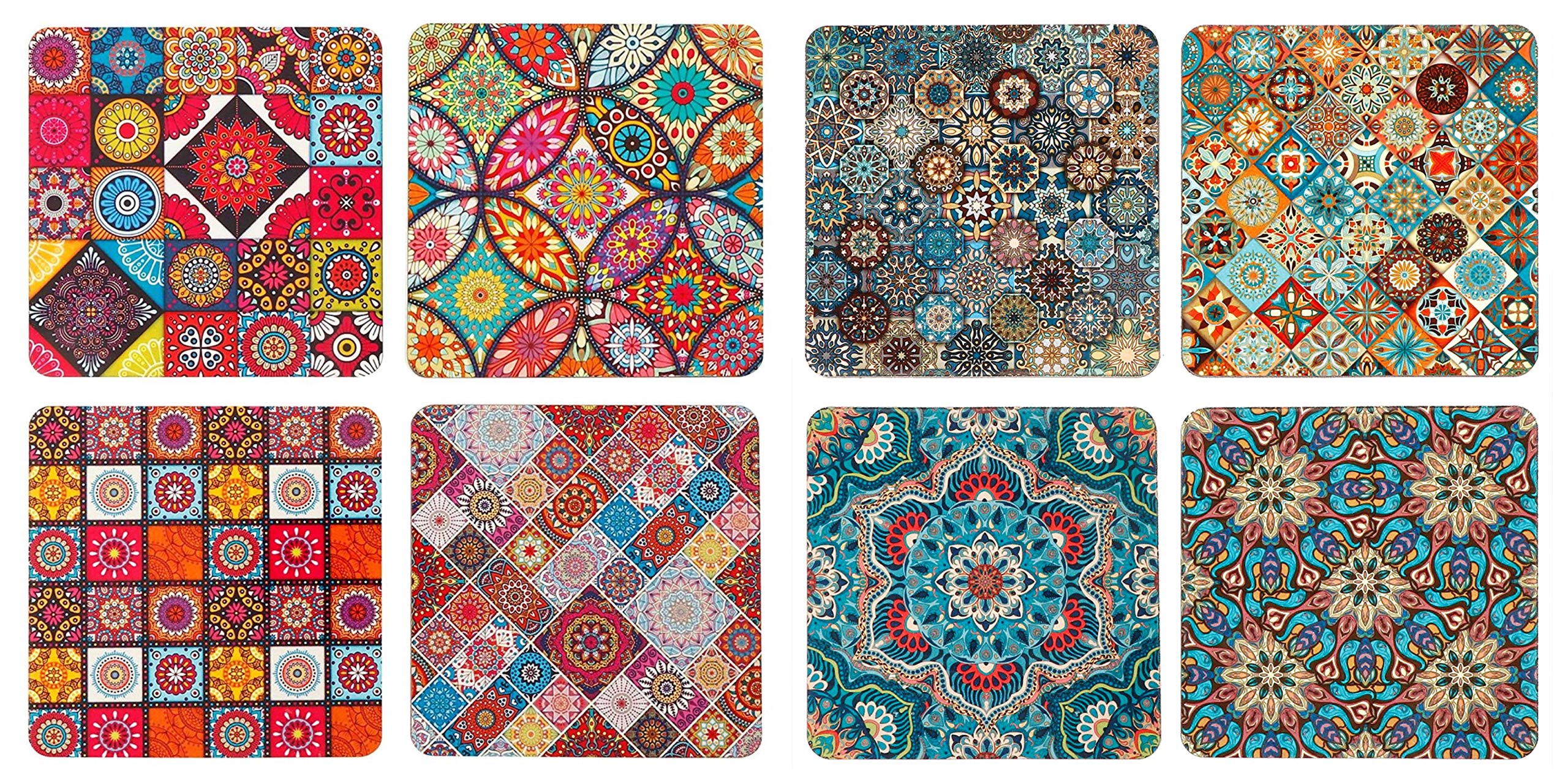 Printed Wooden Coasters for Tea Coffee (Set of 8, 4x4 Inch) (Red & Blue Abstracts)